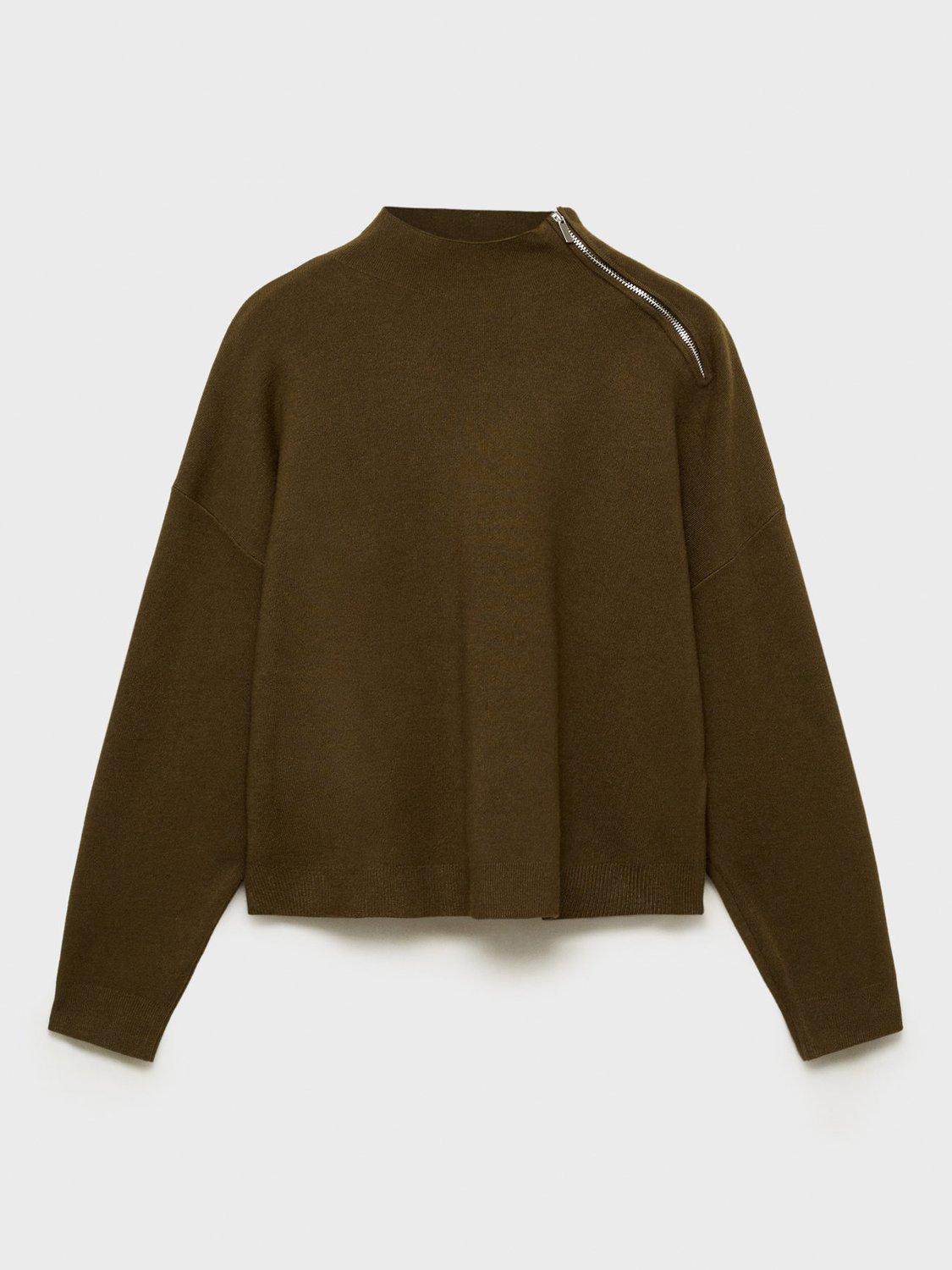 Product image 3 of 7, which shows Mango Konpaktu Zip Neck Jumper, Khaki, XXS