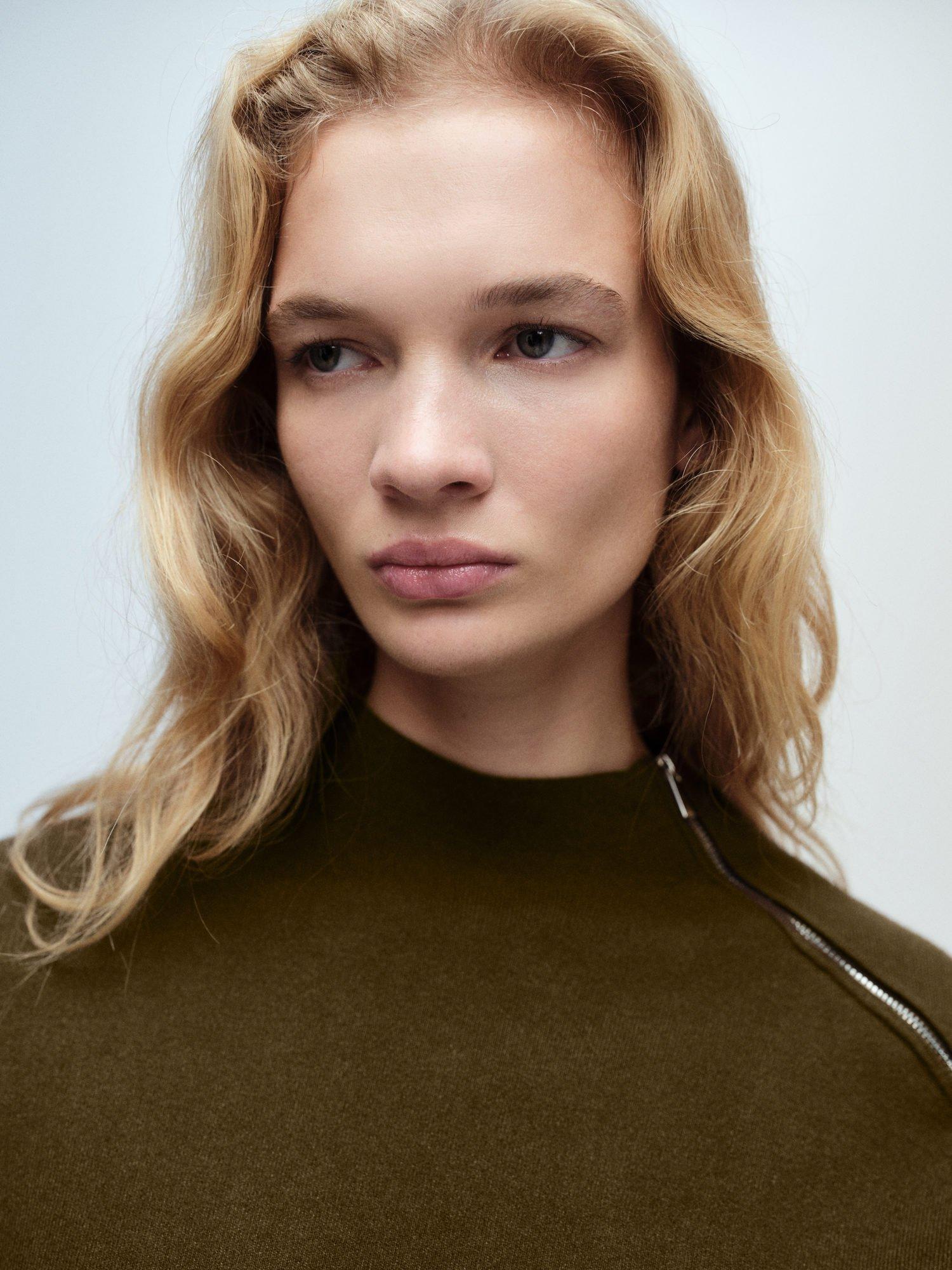 Product image 6 of 7, which shows Mango Konpaktu Zip Neck Jumper, Khaki, XXS