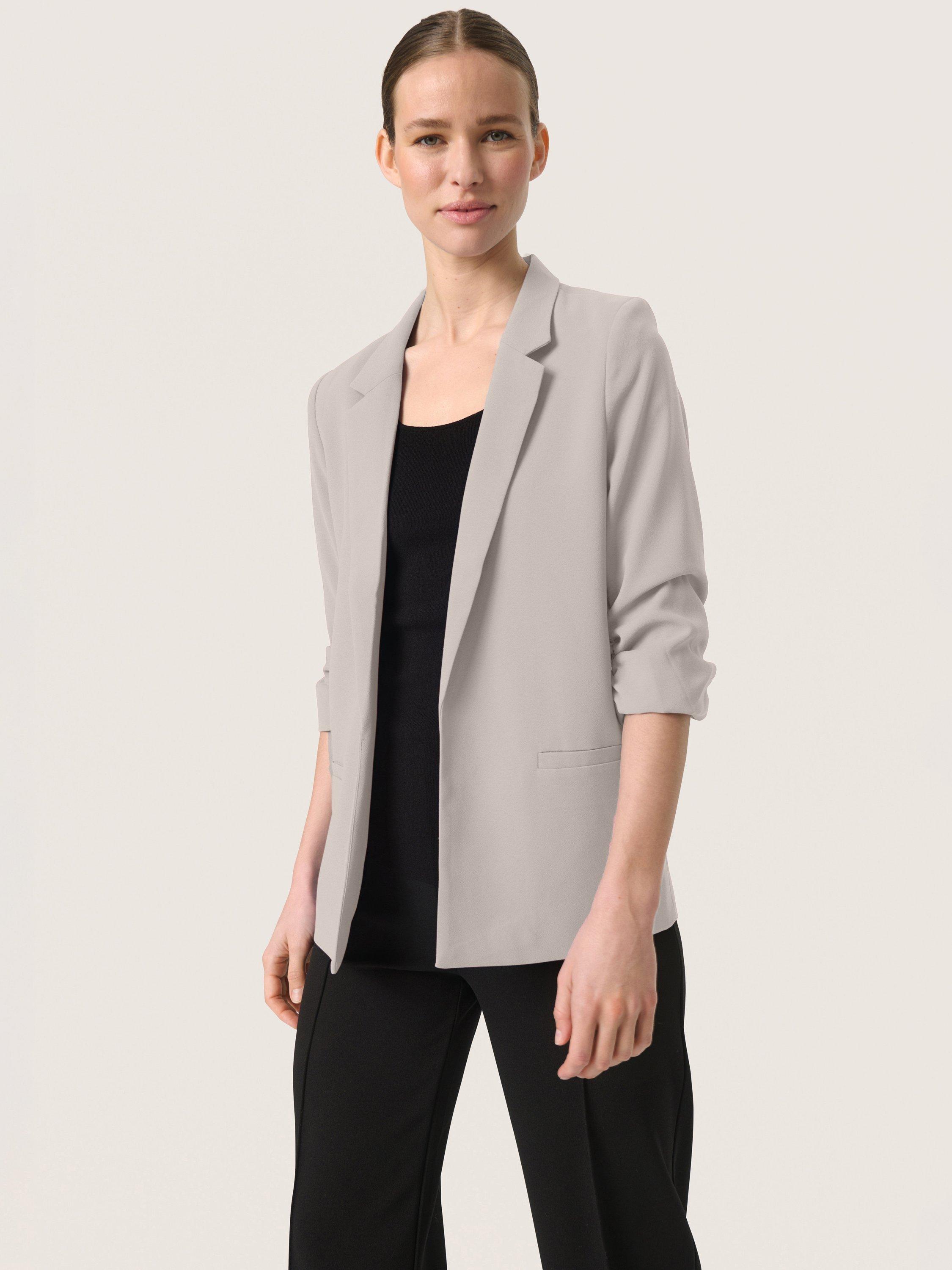 Product image 1 of 6, which shows Soaked In Luxury Shirley Ruched Sleeve Blazer, Grey, XS