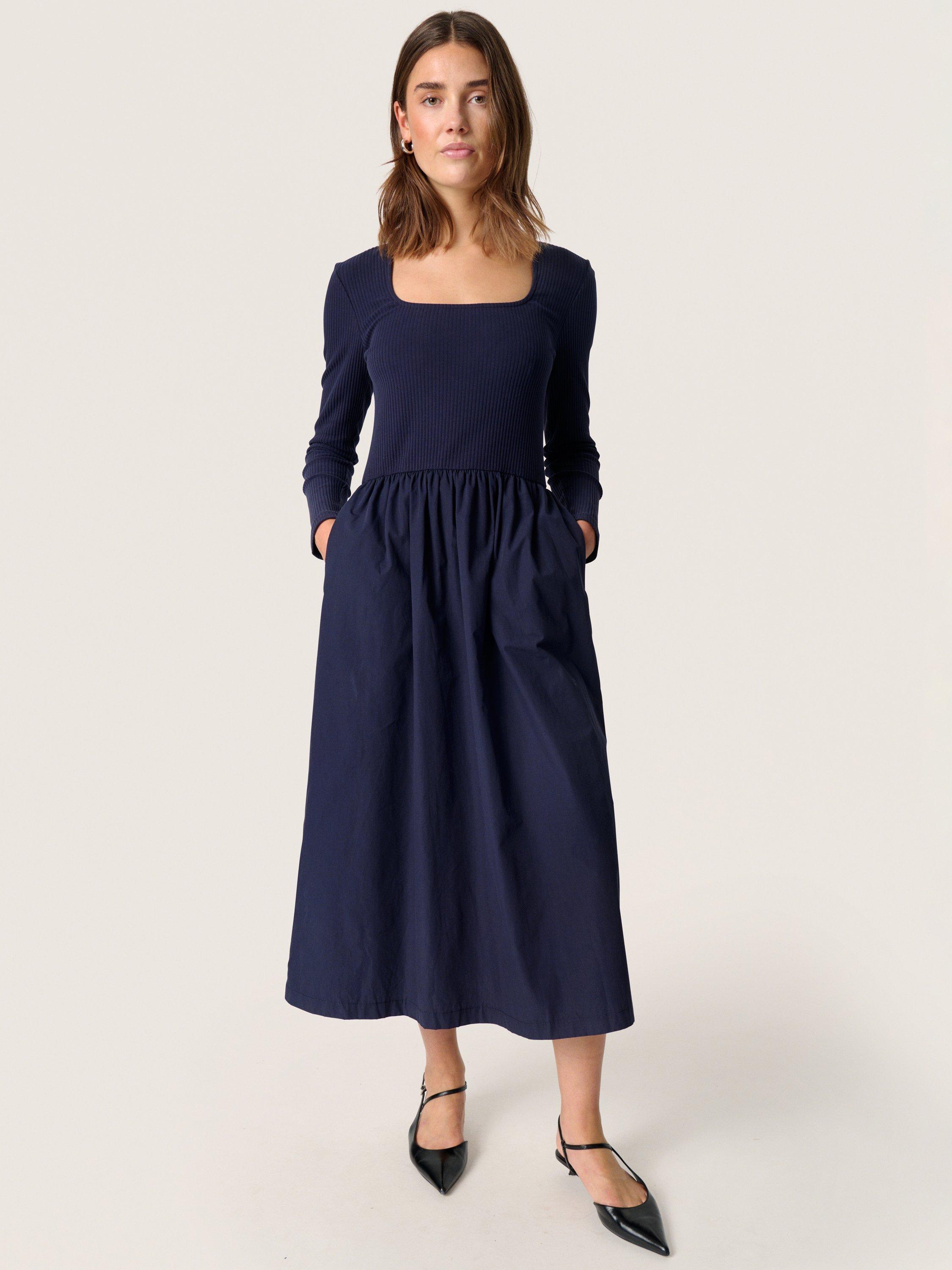 Product image 1 of 5, which shows Soaked In Luxury Simone Square Neck Dress, Navy, M