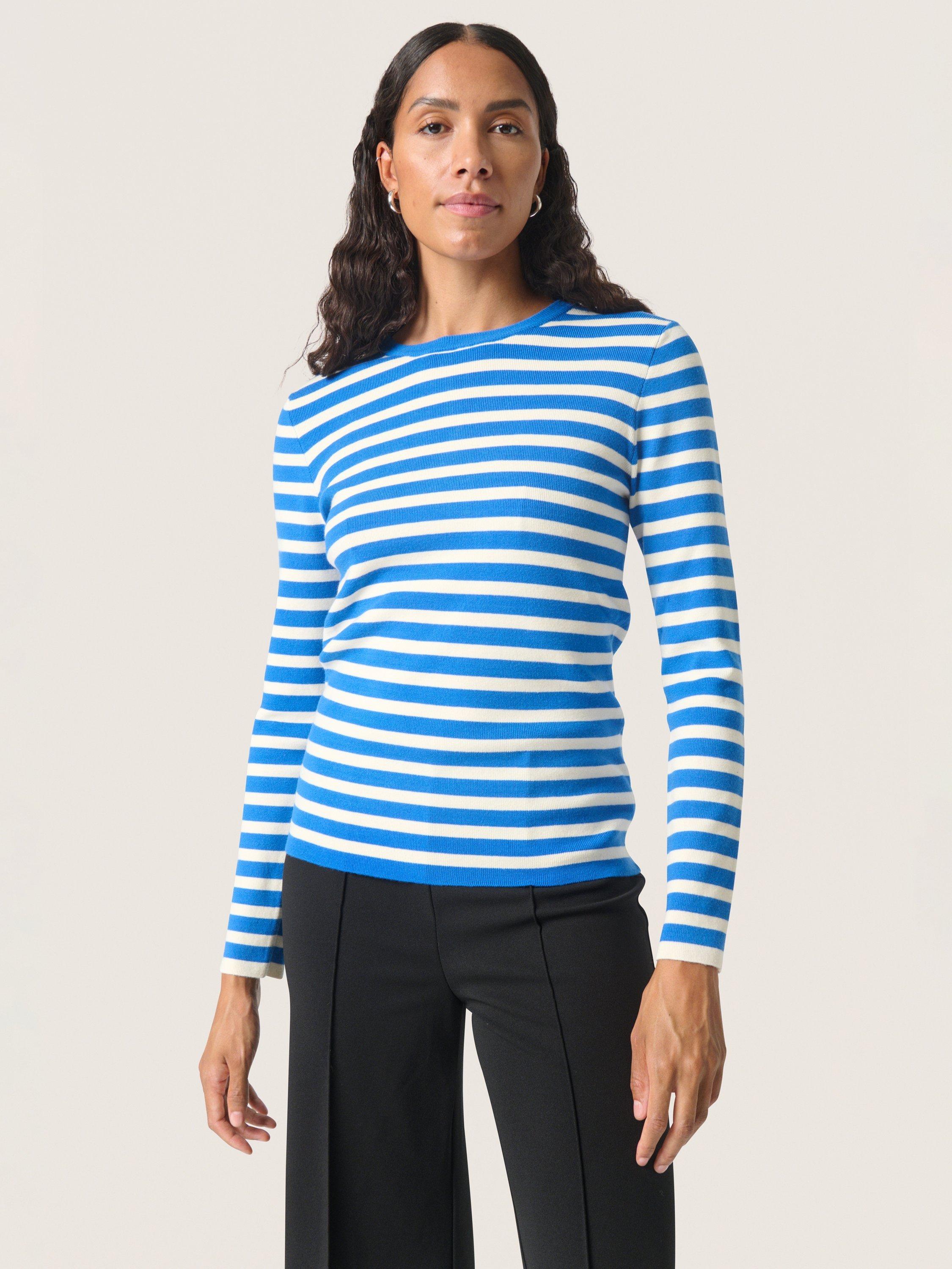 Product image 1 of 6, which shows Soaked In Luxury Spina Stripe Slim Fit Jumper, Blue/White, XS