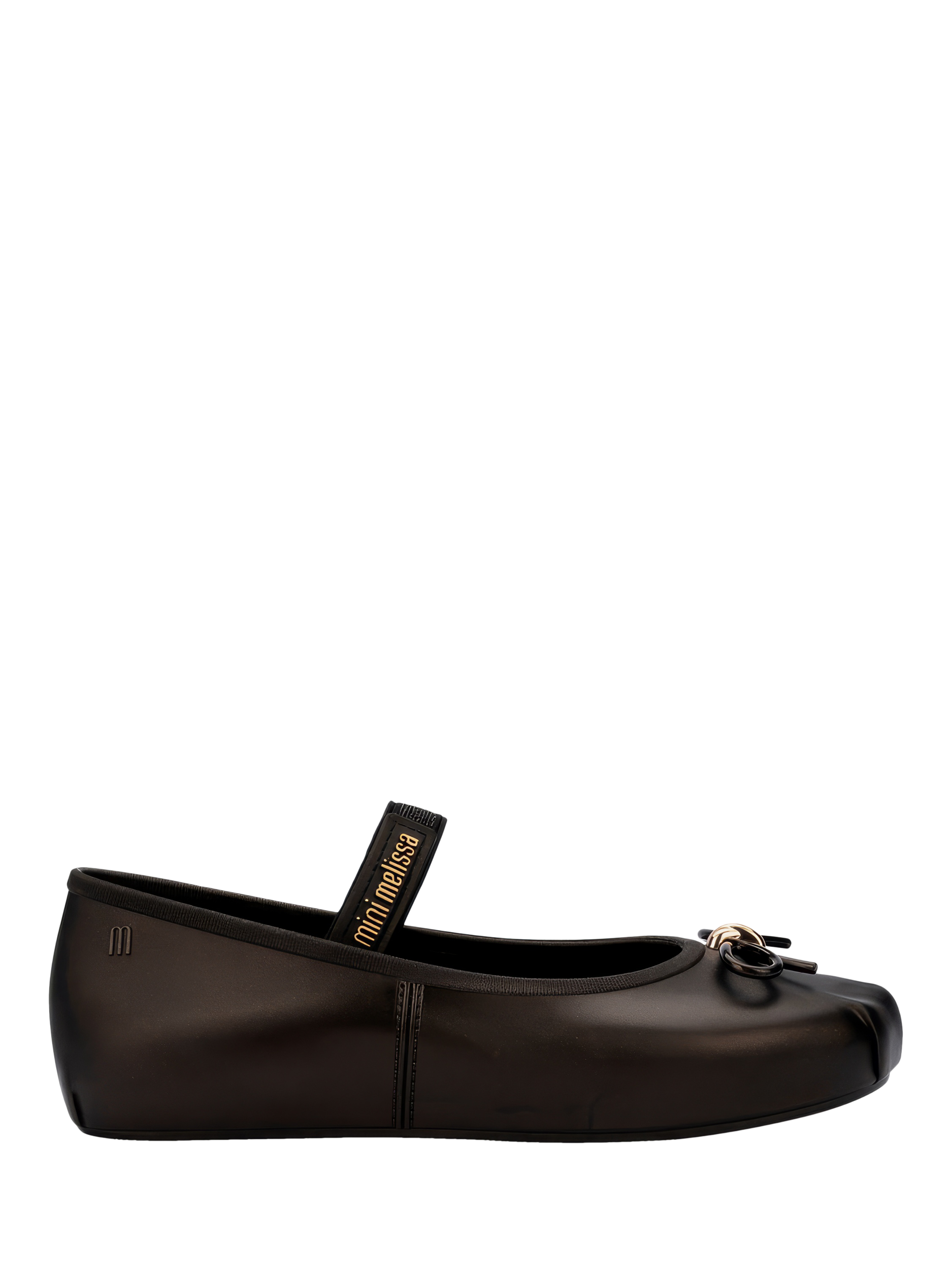 Product image 1 of 4, which shows Mini Melissa Kids' Bow Metallic Strap Ballet Flats, Black, 12 Jnr