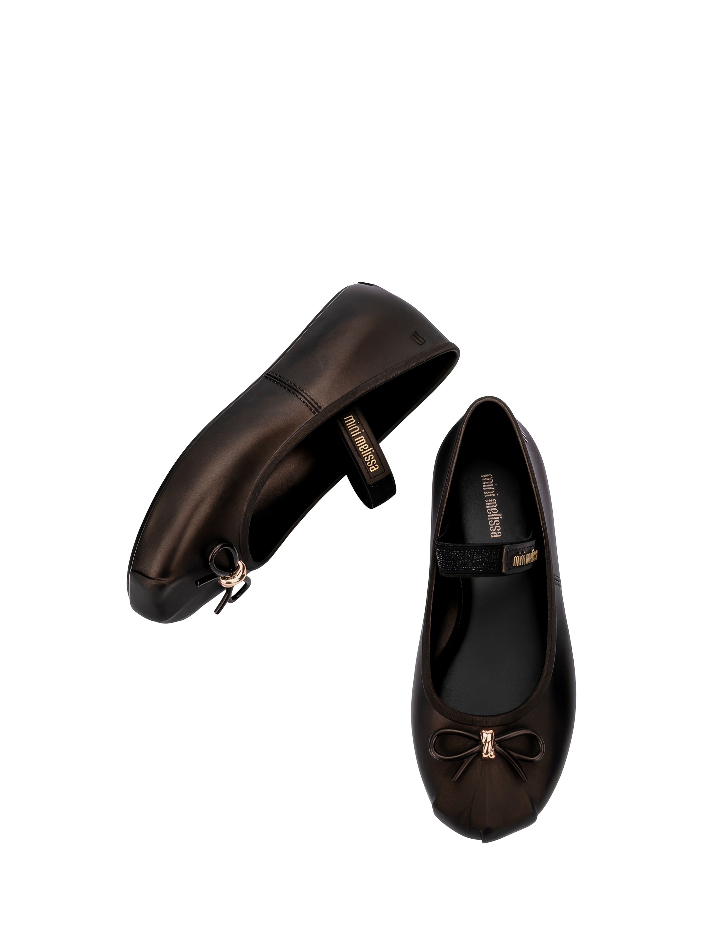 Product image 3 of 4, which shows Mini Melissa Kids' Bow Metallic Strap Ballet Flats, Black, 12 Jnr