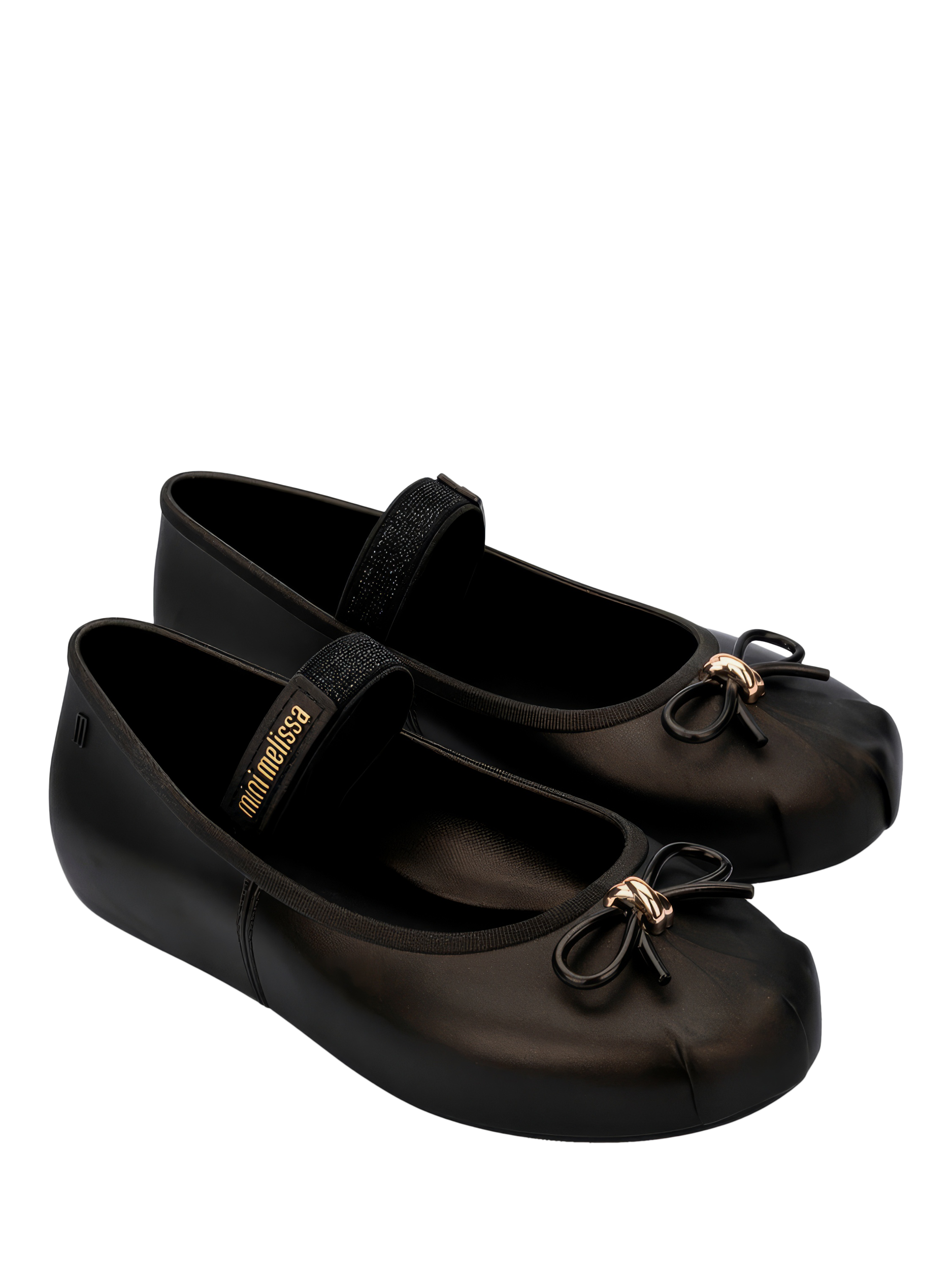 Product image 4 of 4, which shows Mini Melissa Kids' Bow Metallic Strap Ballet Flats, Black, 12 Jnr