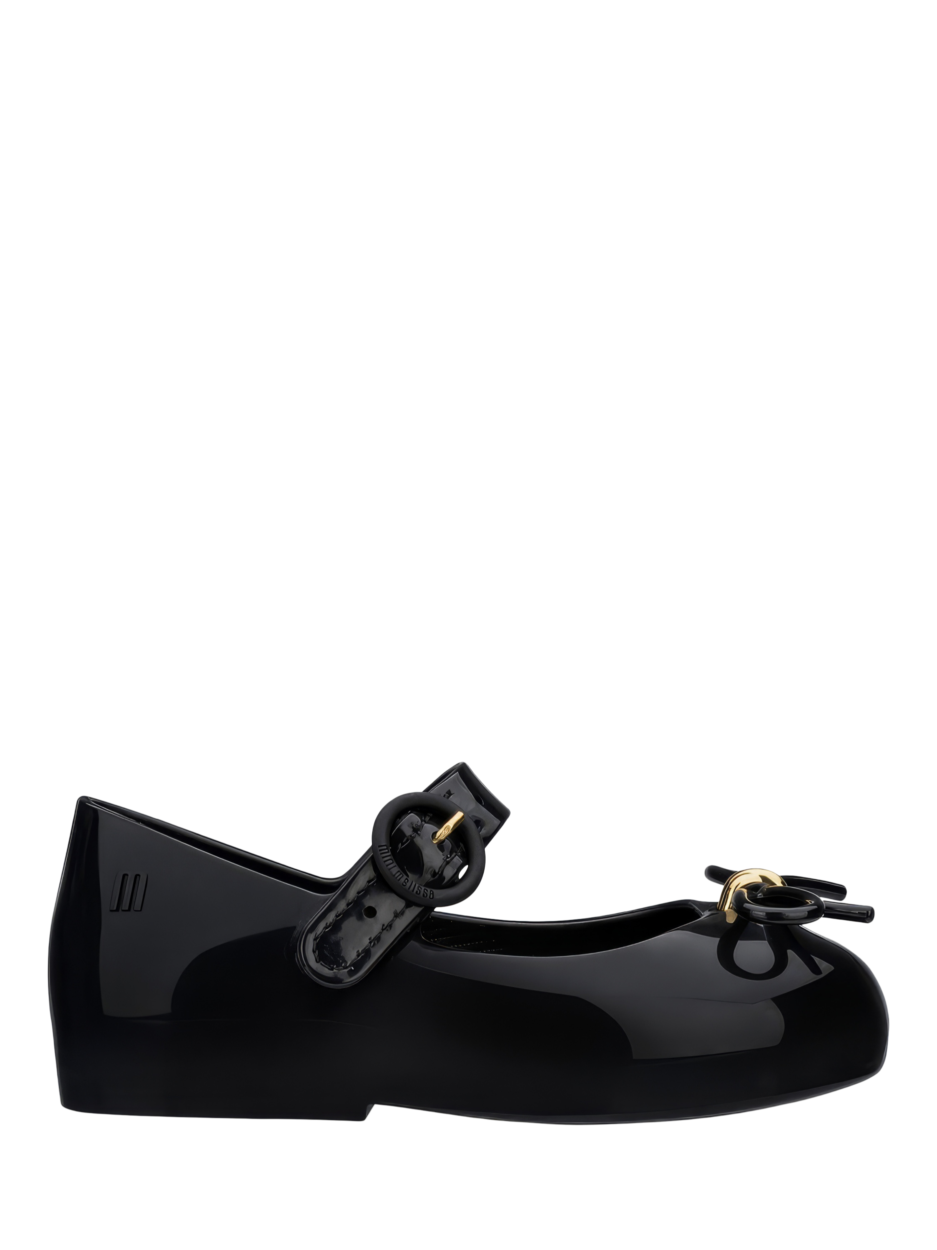 Product image 1 of 3, which shows Mini Melissa Sweet Love Maxi Bow Jelly Ballet Flats, Black/Gold, 4 Jnr