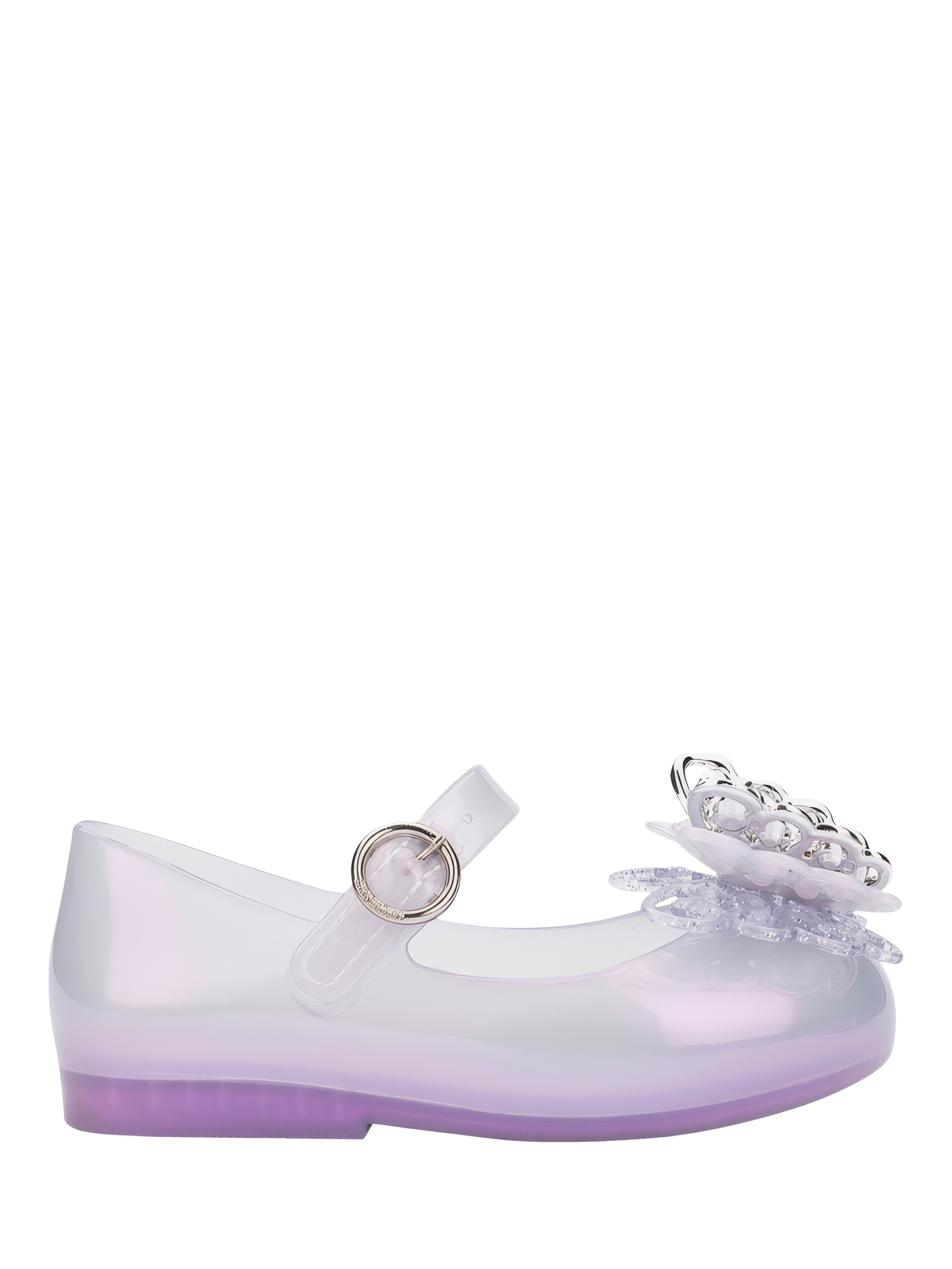 Product image 1 of 4, which shows Mini Melissa Kids' Sweet Love Fly II Jelly Ballet Flats, Pearly Lilac, 4 Jnr