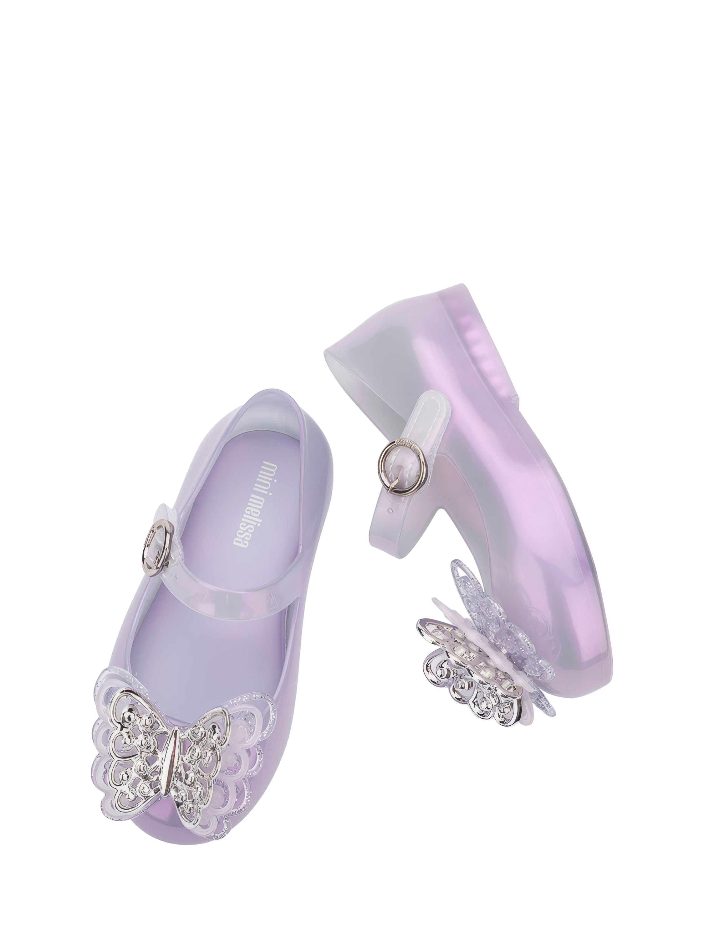 Product image 3 of 4, which shows Mini Melissa Kids' Sweet Love Fly II Jelly Ballet Flats, Pearly Lilac, 4 Jnr