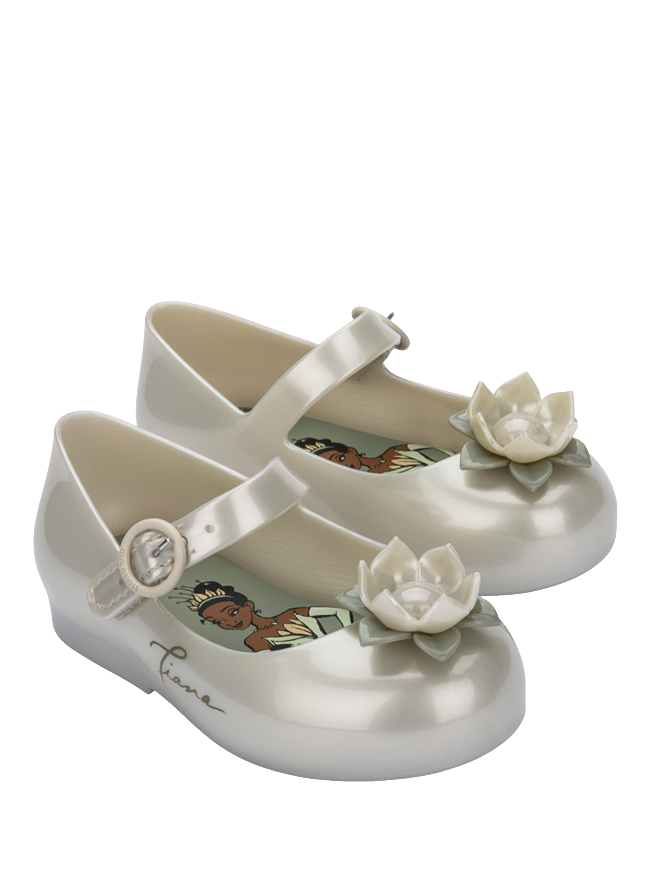 Product image 4 of 4, which shows Mini Melissa Kids' Disney The Princess & The Frog Jelly Shoes, White/Green, 4 Jnr