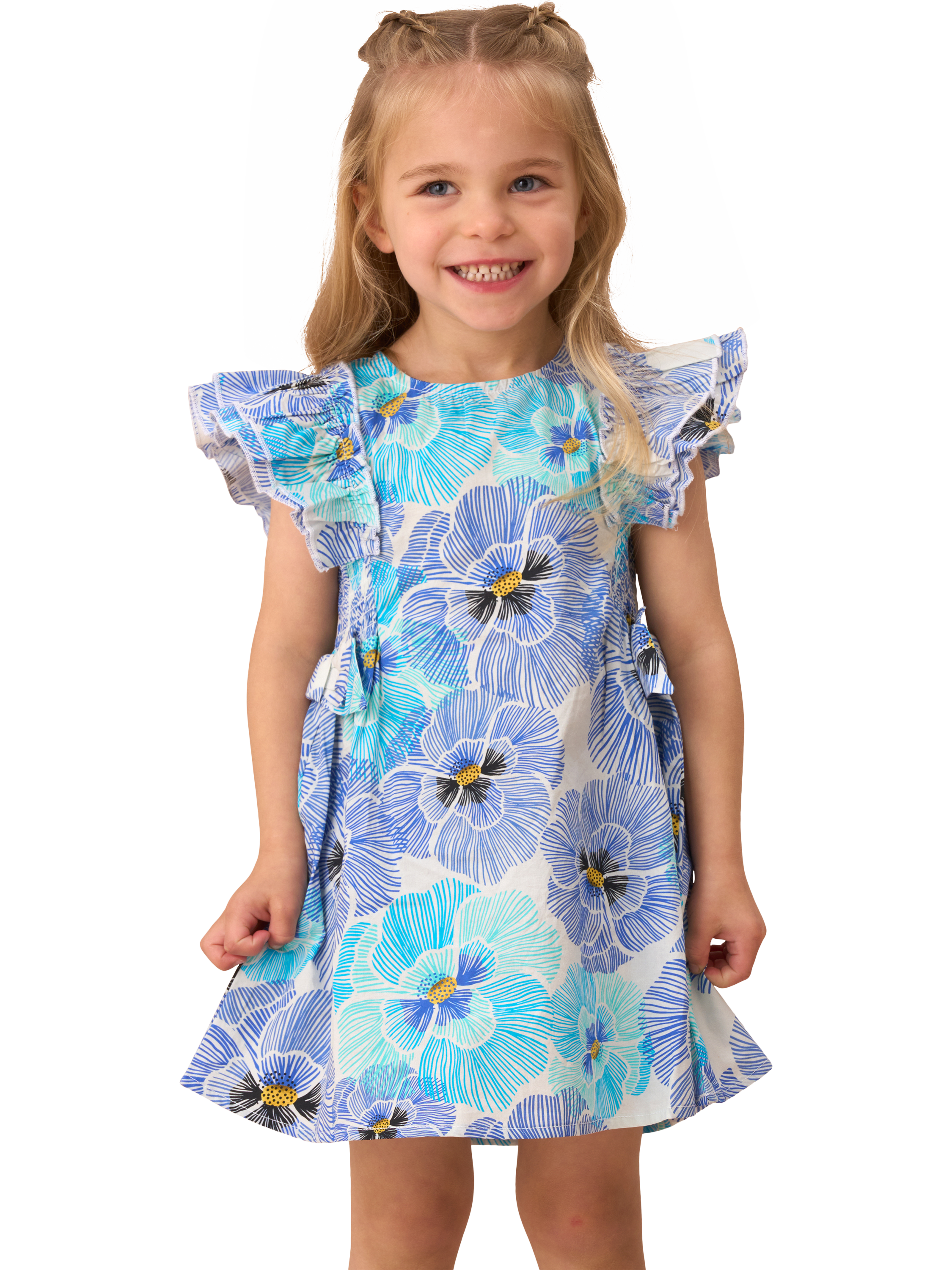 Product image 1 of 7, which shows Angel & Rocket Baby Pansy Print Dress, Blue, 3-6 months