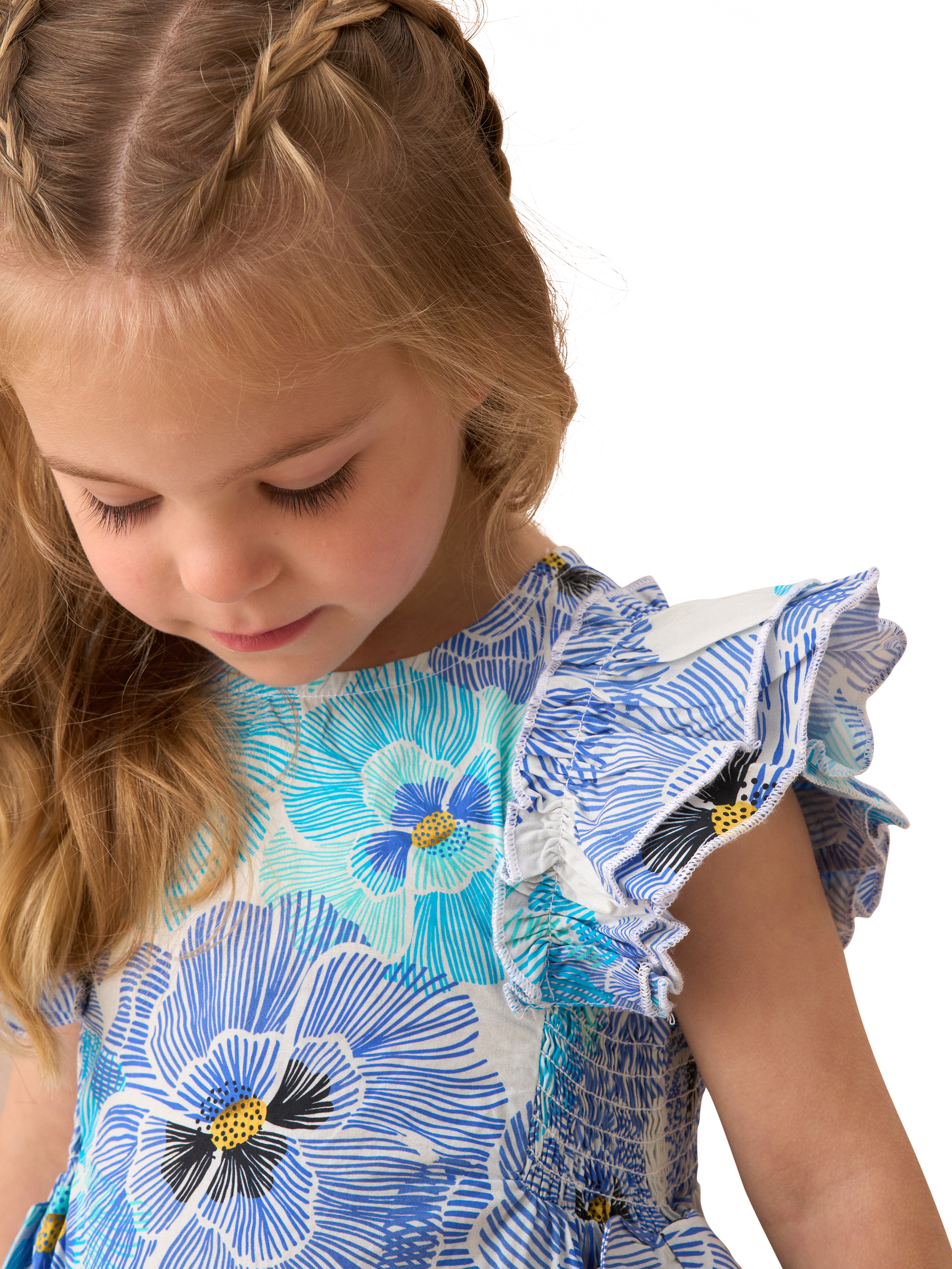 Product image 3 of 7, which shows Angel & Rocket Baby Pansy Print Dress, Blue, 3-6 months
