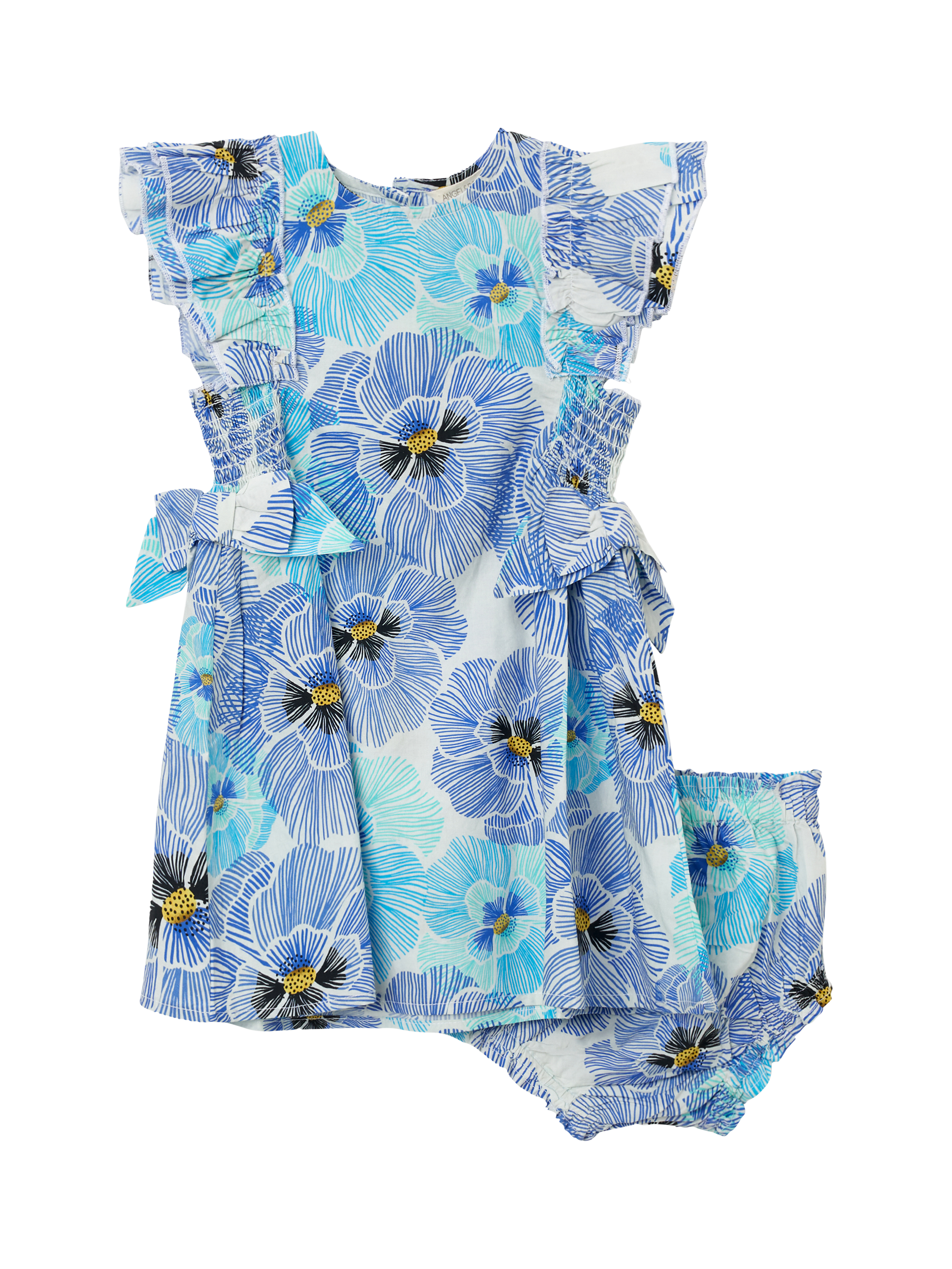 Product image 5 of 7, which shows Angel & Rocket Baby Pansy Print Dress, Blue, 3-6 months
