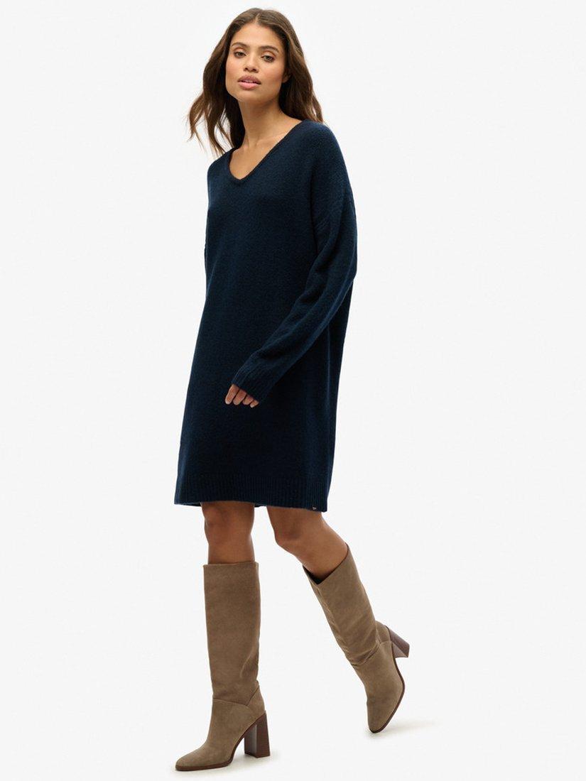 Product image 3 of 4, which shows Superdry Oversized V-Neck Jumper Dress, Dark Teal Twist, 8