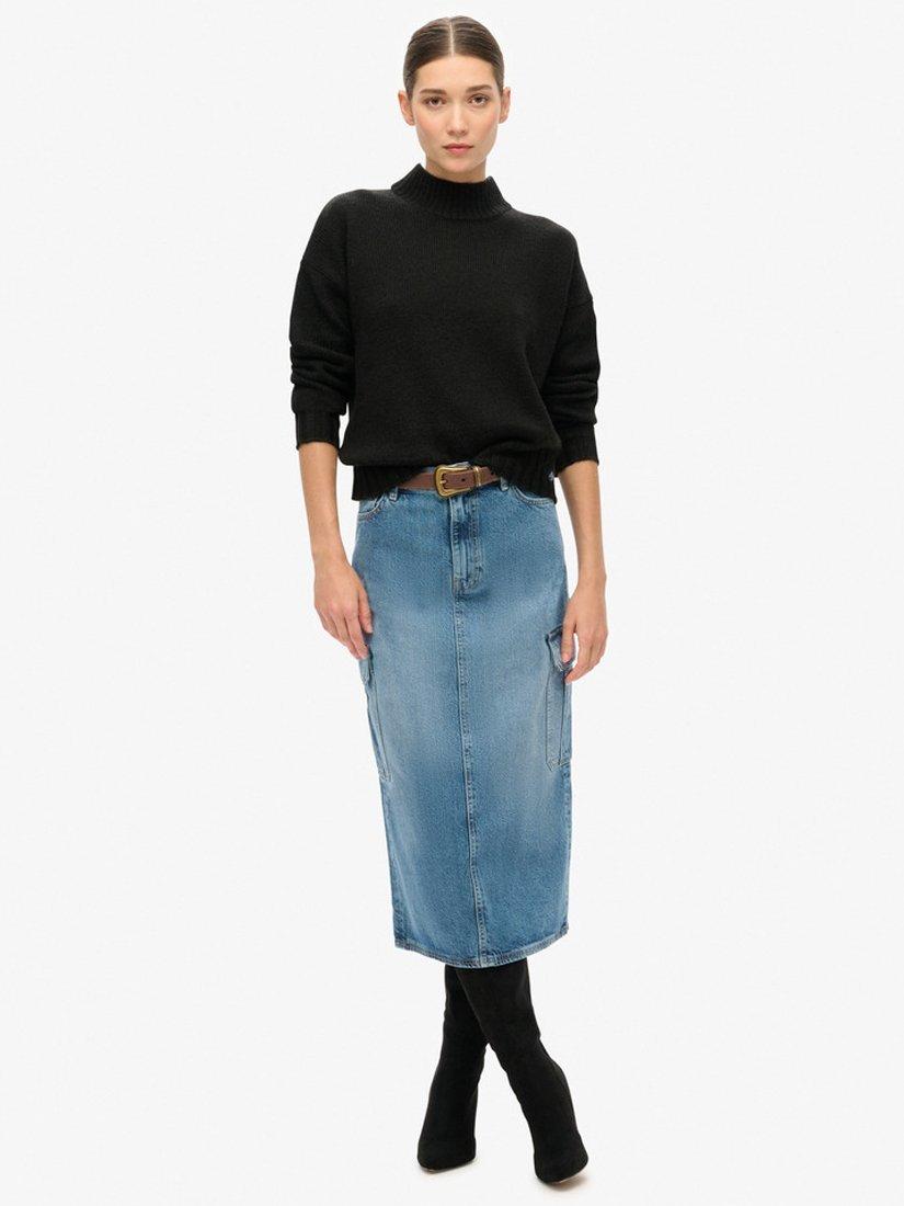Product image 1 of 6, which shows Superdry Denim Cargo Pocket Midi Skirt, Ridley Blue, 26