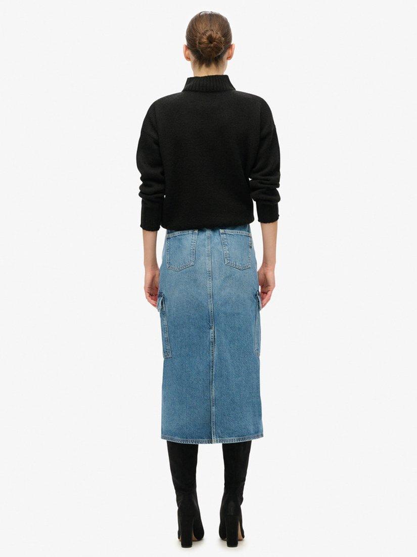 Product image 2 of 6, which shows Superdry Denim Cargo Pocket Midi Skirt, Ridley Blue, 26