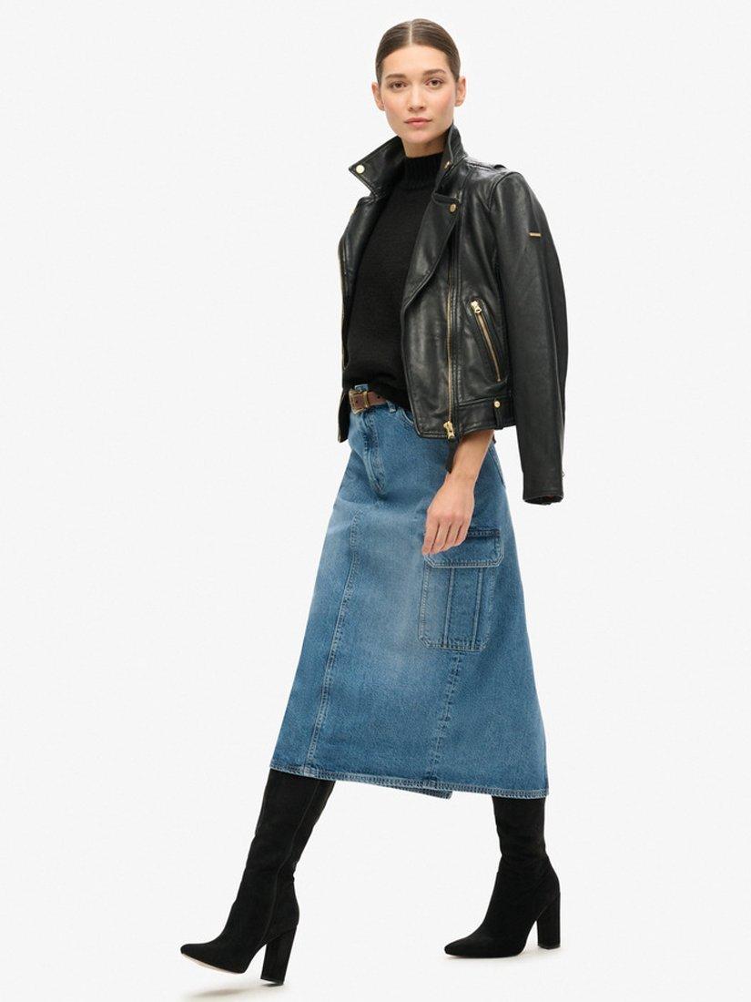 Product image 3 of 6, which shows Superdry Denim Cargo Pocket Midi Skirt, Ridley Blue, 26