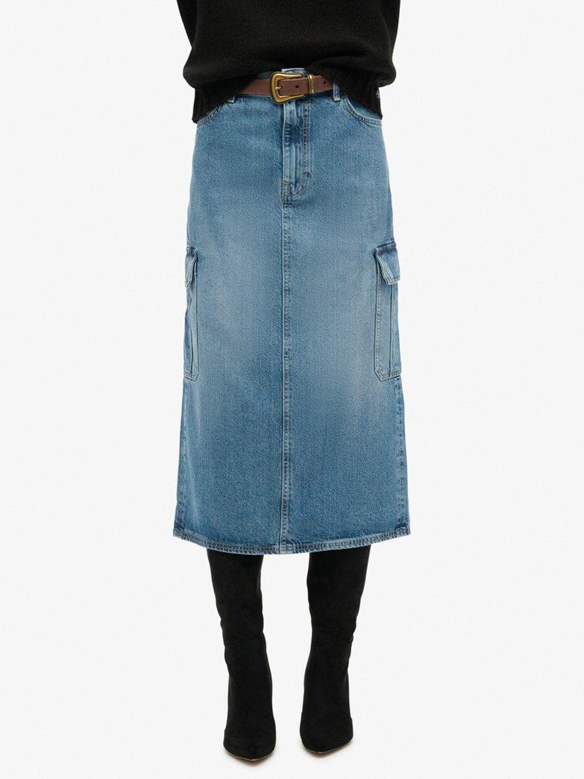 Product image 4 of 6, which shows Superdry Denim Cargo Pocket Midi Skirt, Ridley Blue, 26