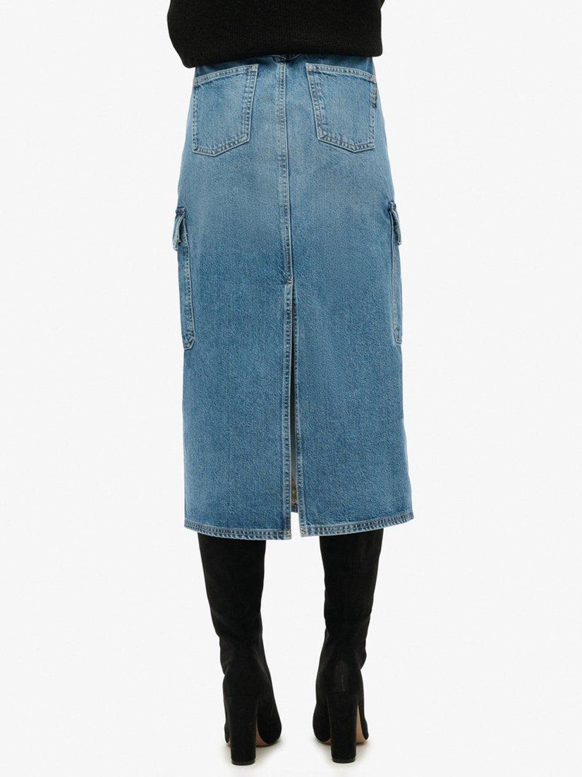 Product image 5 of 6, which shows Superdry Denim Cargo Pocket Midi Skirt, Ridley Blue, 26