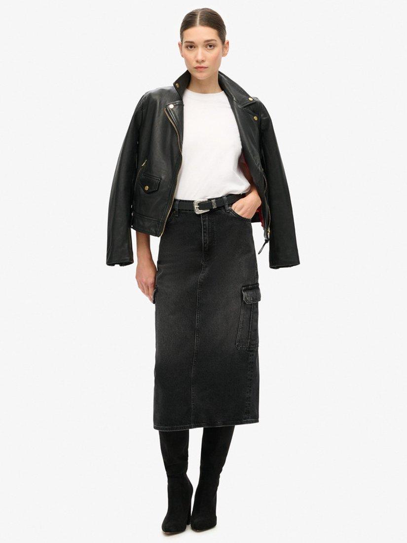 Product image 1 of 6, which shows Superdry Pure Organic Cotton Denim Cargo Midi Skirt, Black, 26