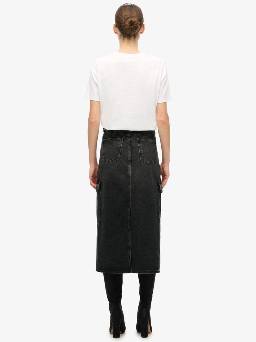 Product image 2 of 6, which shows Superdry Pure Organic Cotton Denim Cargo Midi Skirt, Black, 26
