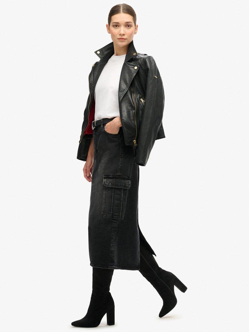 Product image 3 of 6, which shows Superdry Pure Organic Cotton Denim Cargo Midi Skirt, Black, 26