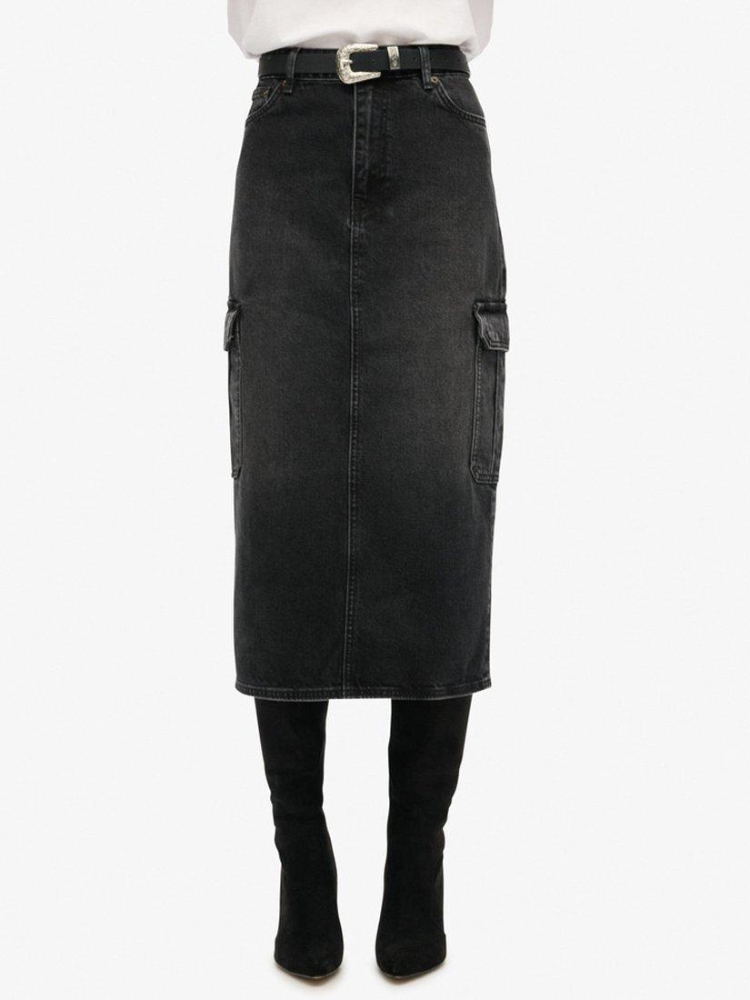Product image 4 of 6, which shows Superdry Pure Organic Cotton Denim Cargo Midi Skirt, Black, 26