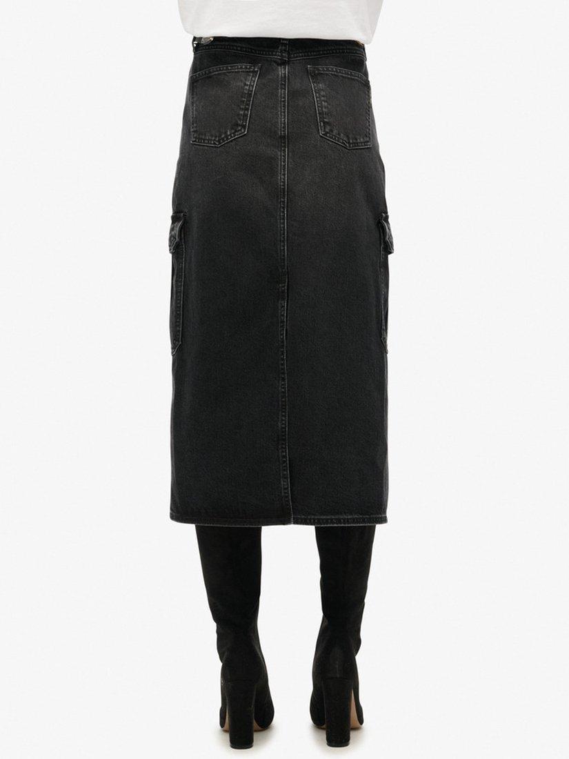 Product image 5 of 6, which shows Superdry Pure Organic Cotton Denim Cargo Midi Skirt, Black, 26