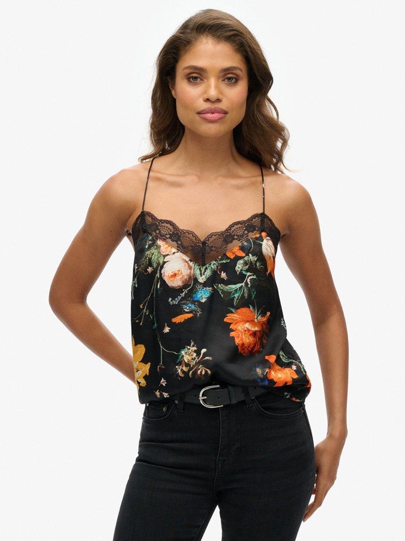 Superdry Lace Trim Satin Camisole Top, Whimsical Black/Multi