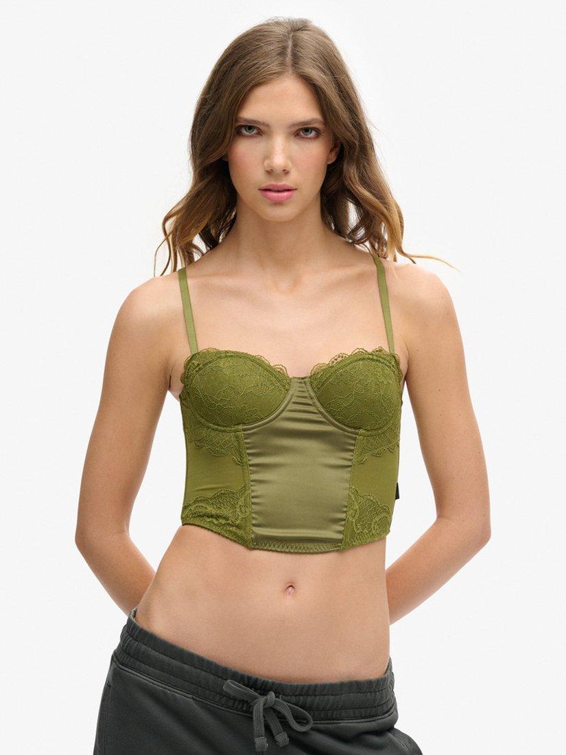 Product image 1 of 1, which shows Superdry Satin Mesh Lace Corset Top, Khaki Olive, 8