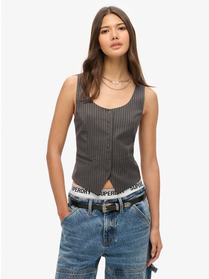 Product image 1 of 6, which shows Superdry Pinstripe Satin Back Waistcoat, Charcoal, 8