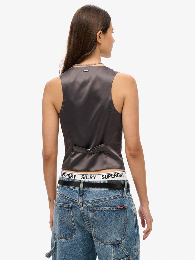 Product image 2 of 6, which shows Superdry Pinstripe Satin Back Waistcoat, Charcoal, 8