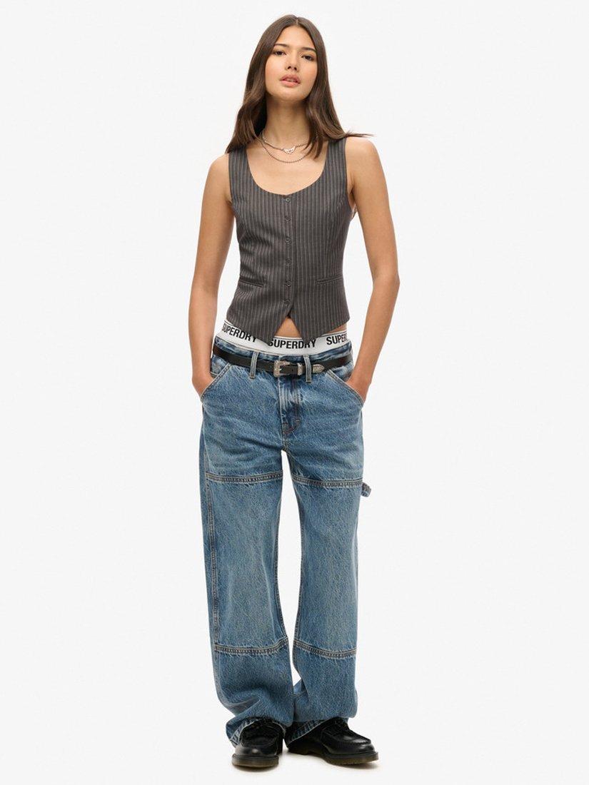 Product image 3 of 6, which shows Superdry Pinstripe Satin Back Waistcoat, Charcoal, 8