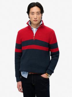 Superdry Classic Stripe Henley Half Zip Cotton Jumper, Navy/Red