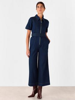 Whistles Denim Pintuck Belted Jumpsuit, Dark Blue - view 2, Dark Blue