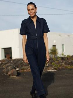 Whistles Denim Pintuck Belted Jumpsuit, Dark Blue, Dark Blue