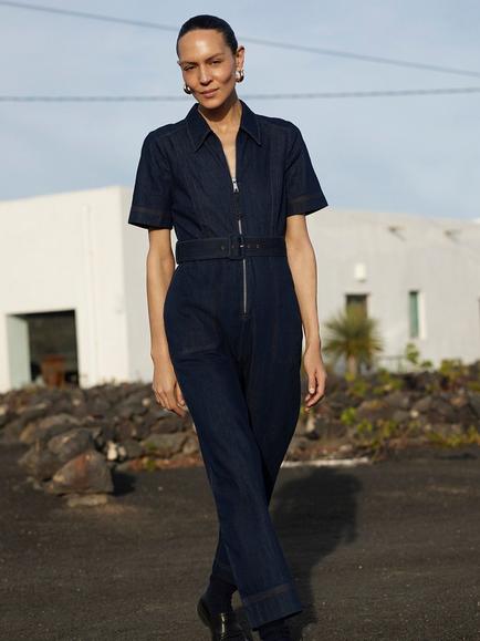 Whistles Denim Pintuck Belted Jumpsuit, Dark Blue, Dark Blue