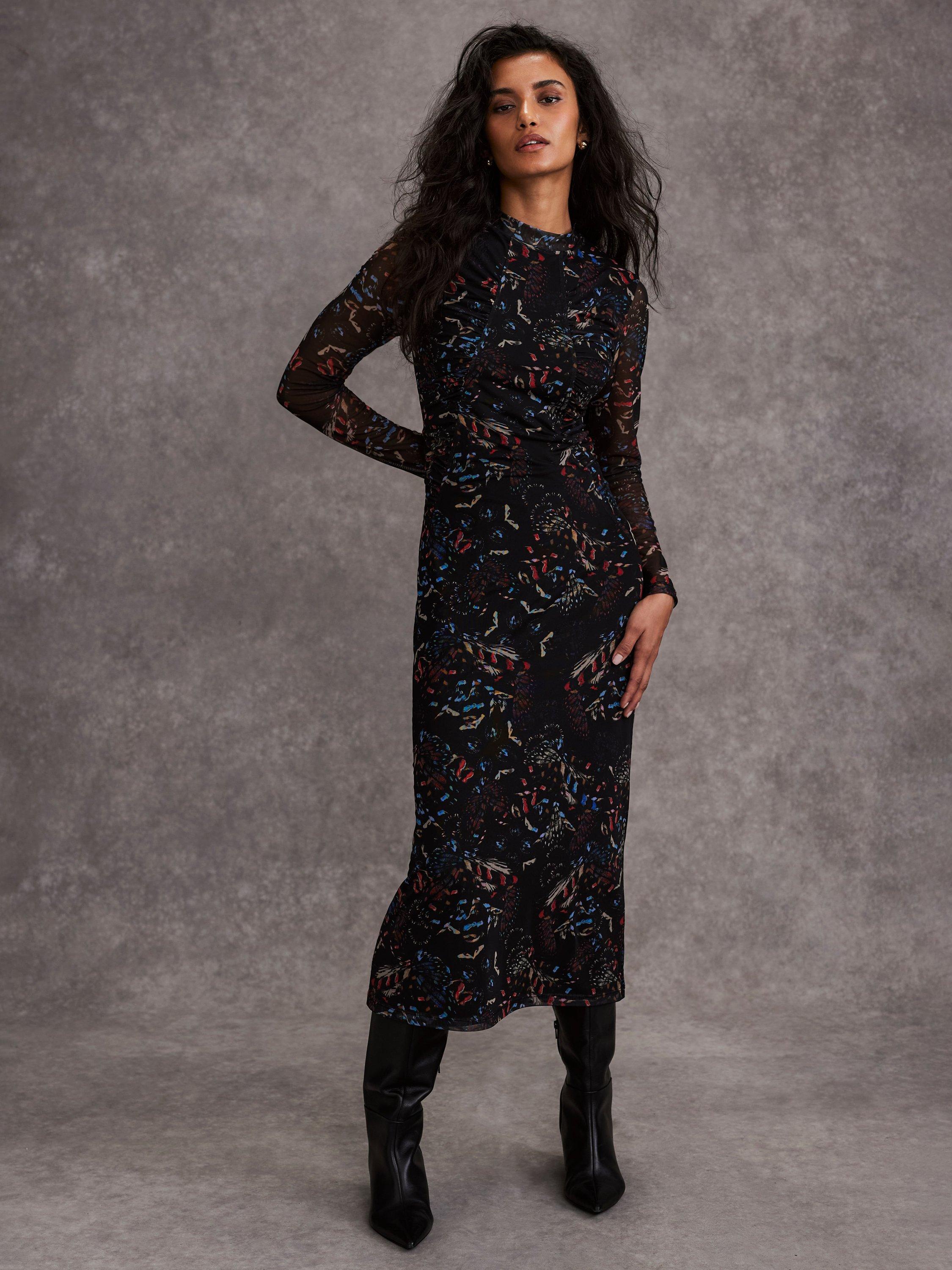 Mint Velvet Abstract Print Mesh Midi Dress, Black/Multi