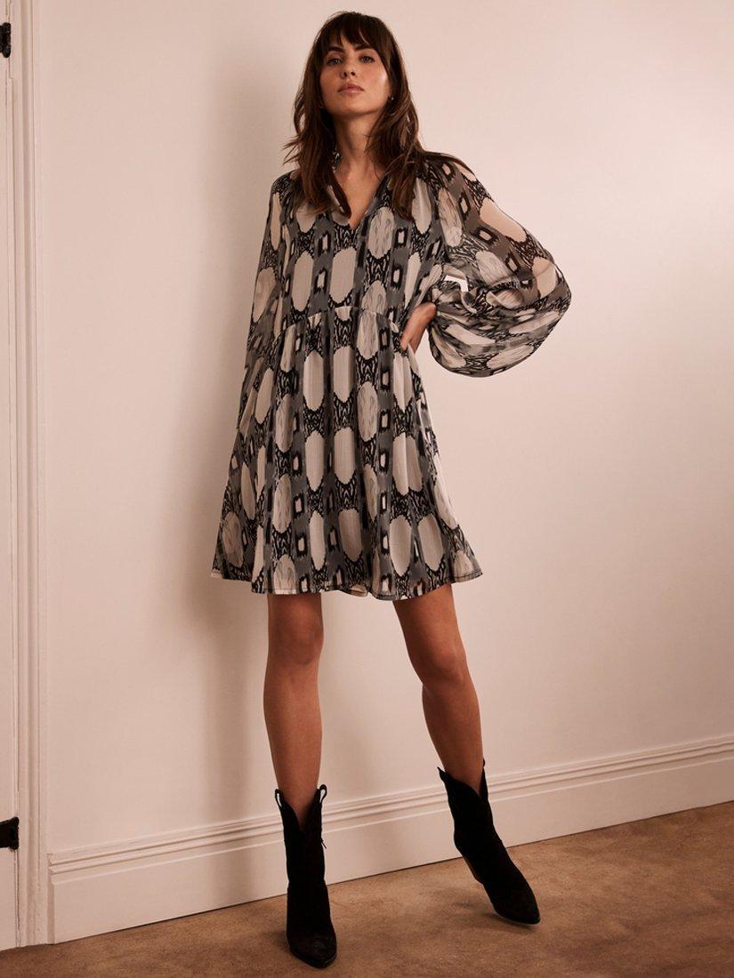 Mint Velvet Abstract Print Mini Dress, Grey/Multi