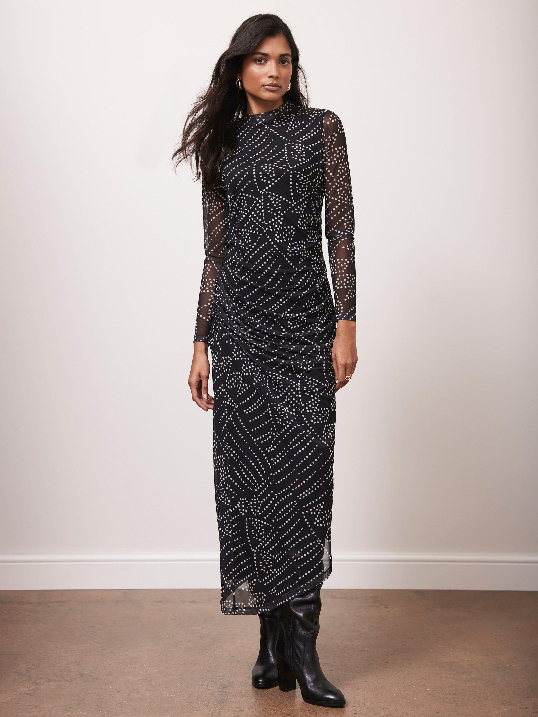 Mint Velvet Spot Print Mesh Midi Dress, Black/Multi