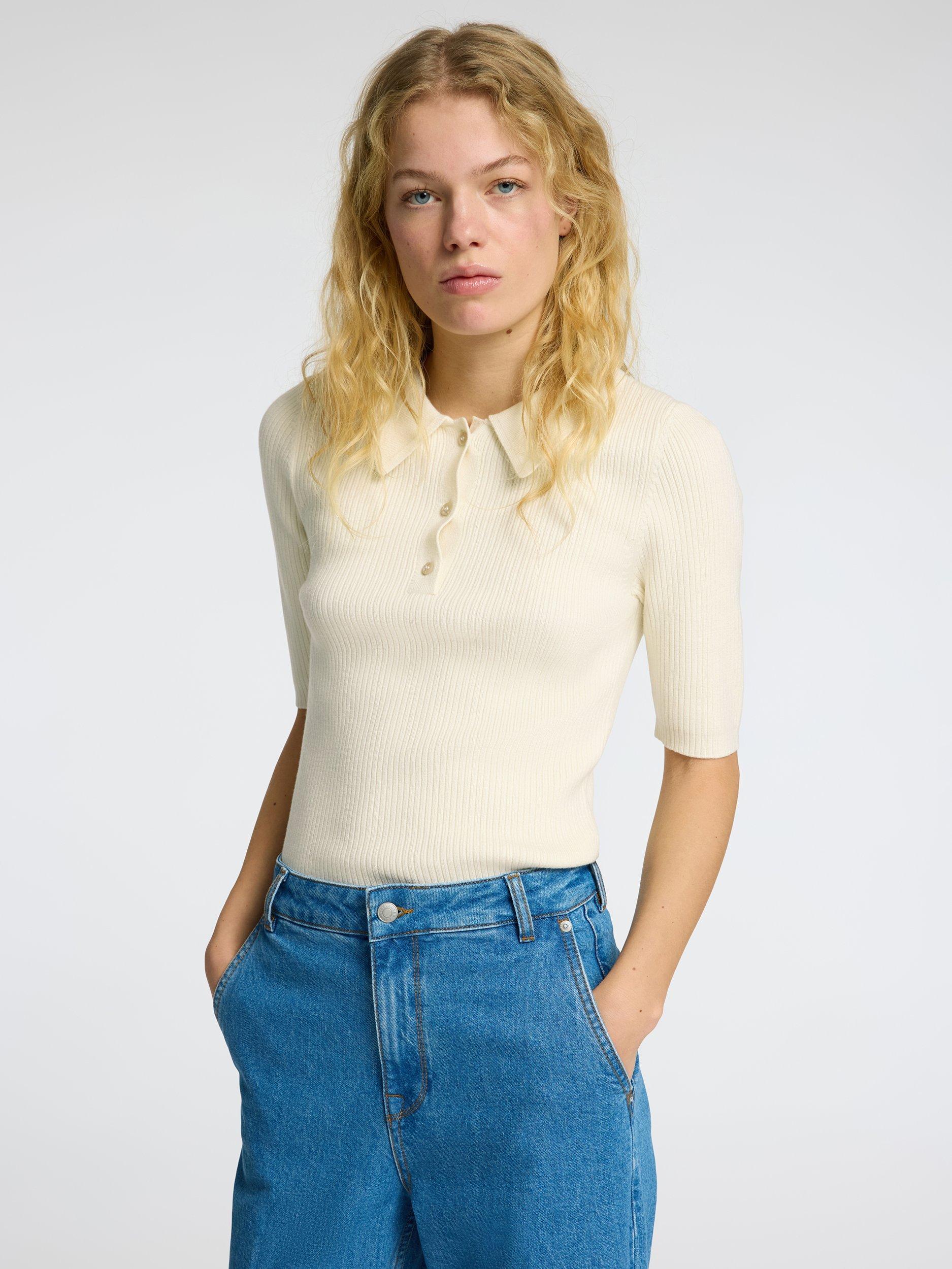 Product image 1 of 6, which shows Selected Helen Rib Knit Polo Top, Cream, XS