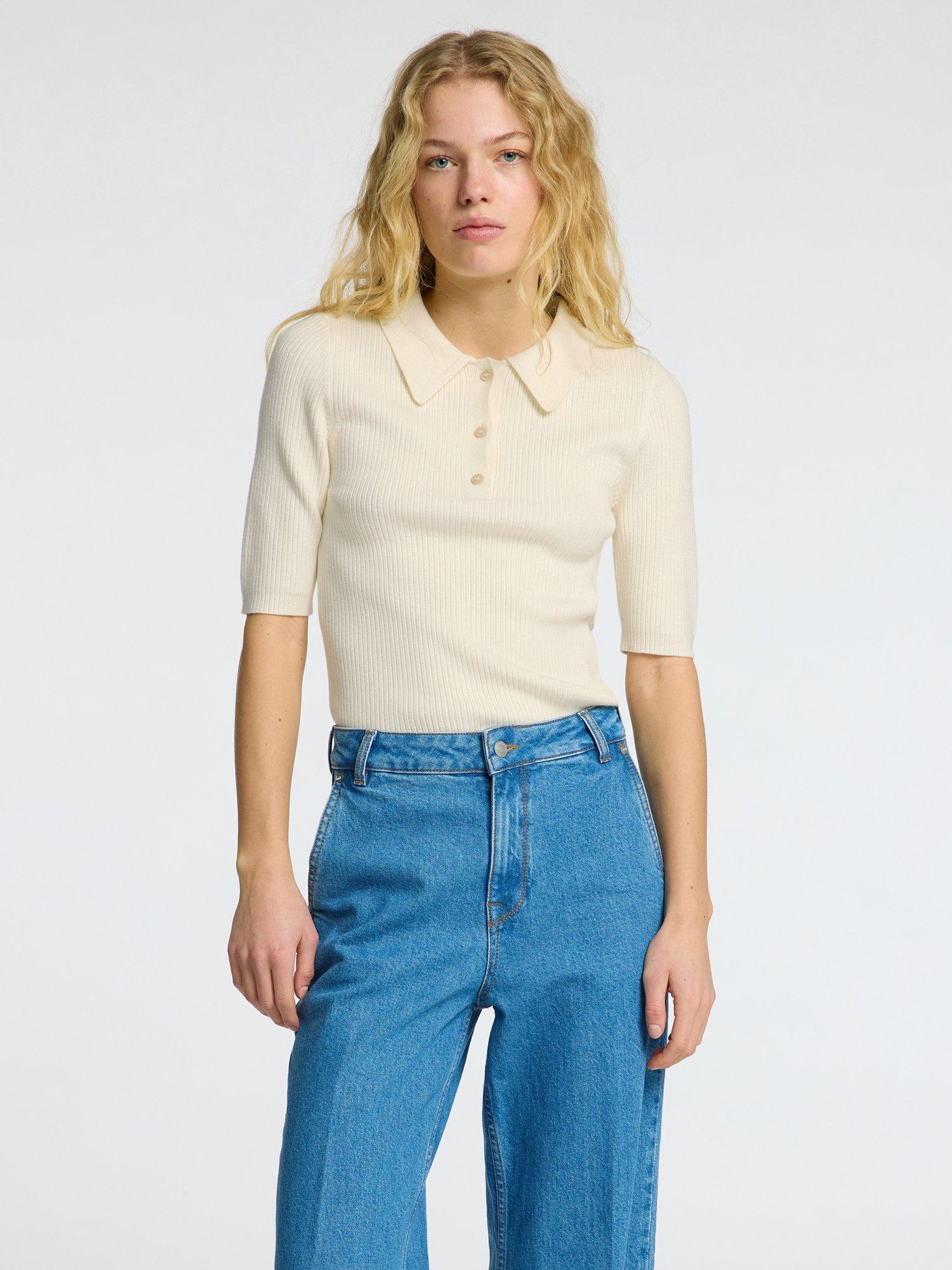 Product image 2 of 6, which shows Selected Helen Rib Knit Polo Top, Cream, XS