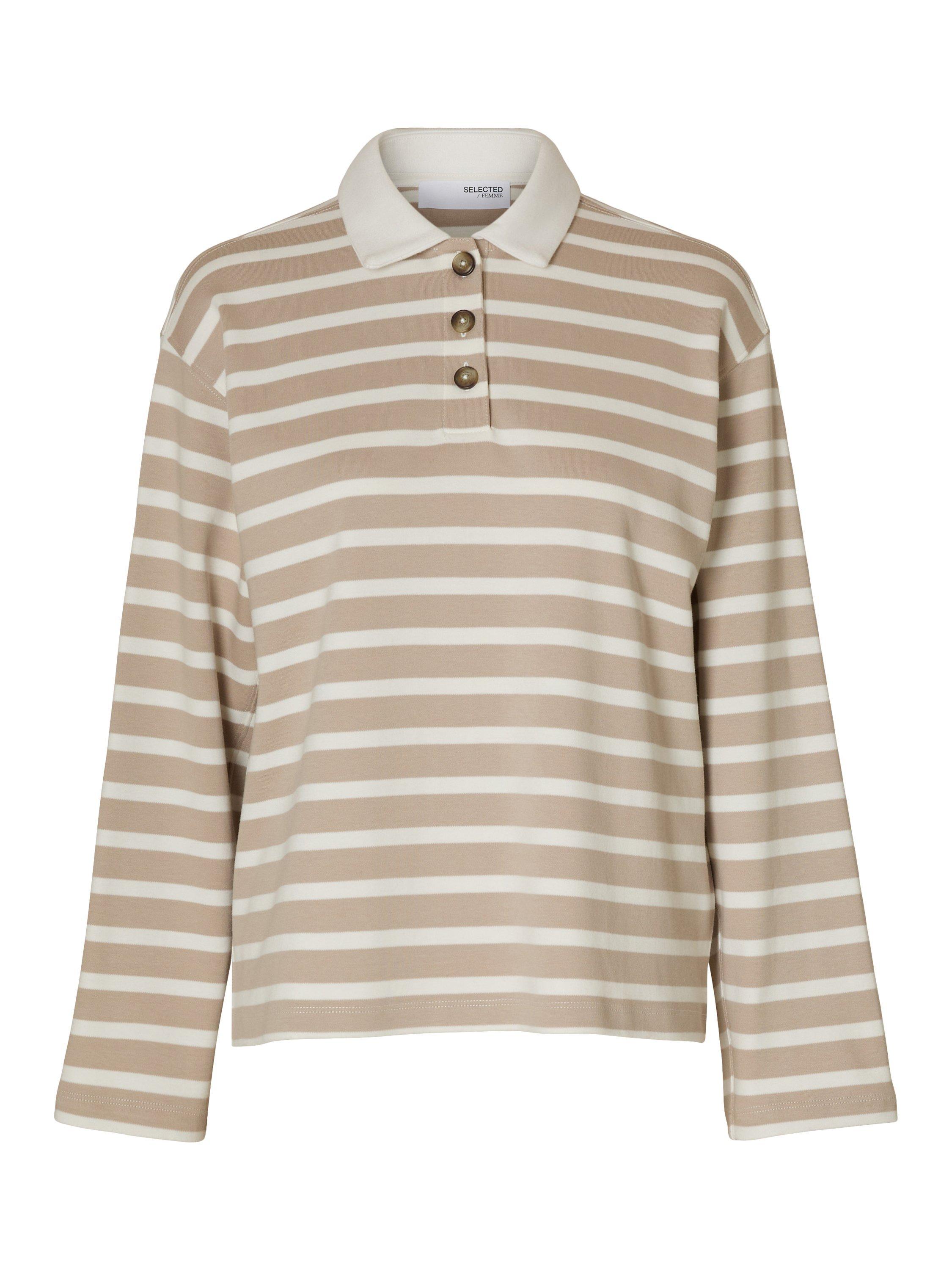 Product image 6 of 6, which shows Selected Wada Stripe Pure Organic Cotton Rugby Shirt, Brown/White, L