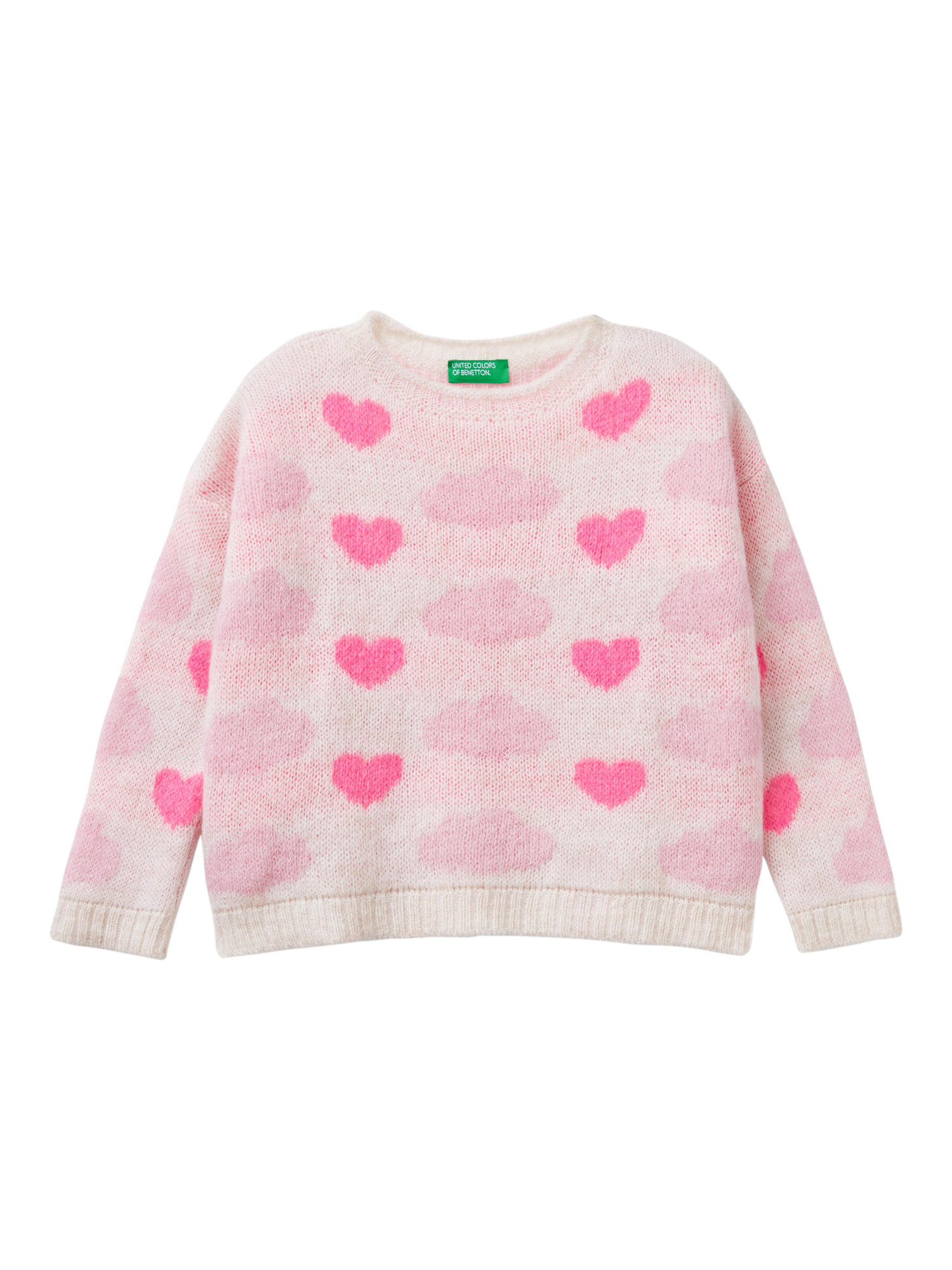 Benetton Kids' Cloud Heart Jacquard Knit Jumper, Cream/Pink