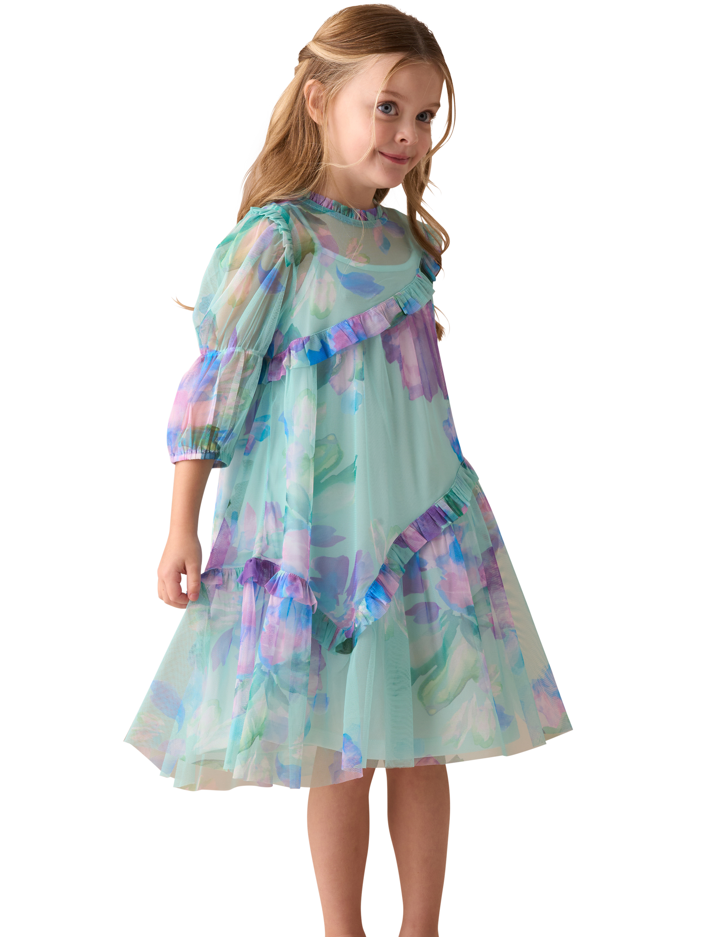 Product image 1 of 8, which shows Angel & Rocket Kids' Asymmetric Frill Dress, Blue, 3 years