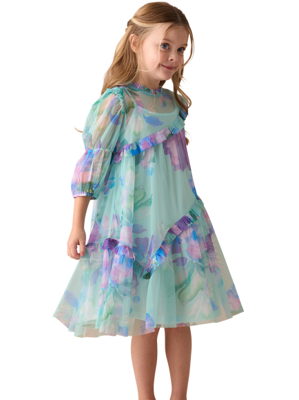Angel & Rocket Kids' Asymmetric Frill Dress, Blue, Blue