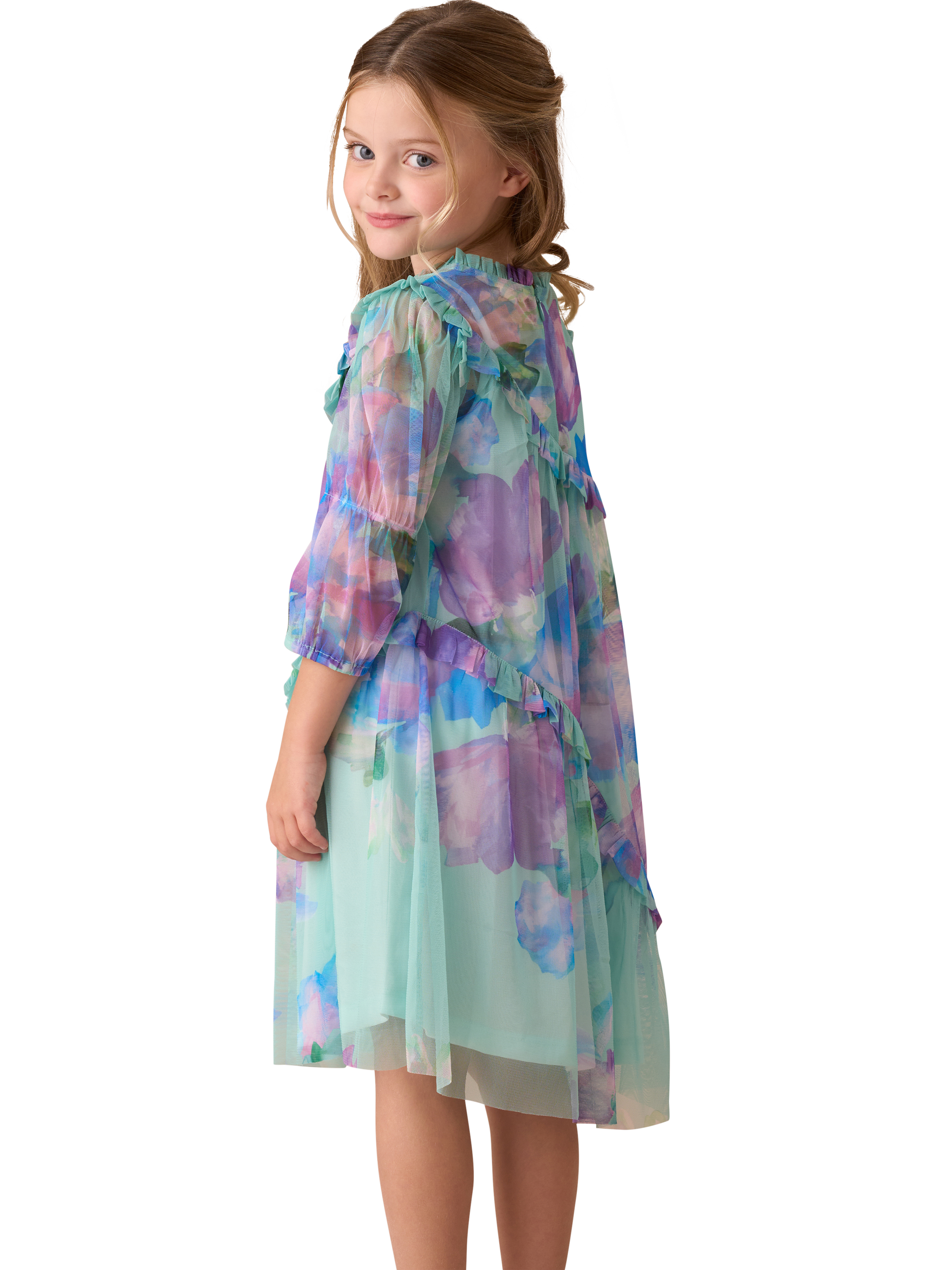 Product image 2 of 8, which shows Angel & Rocket Kids' Asymmetric Frill Dress, Blue, 3 years