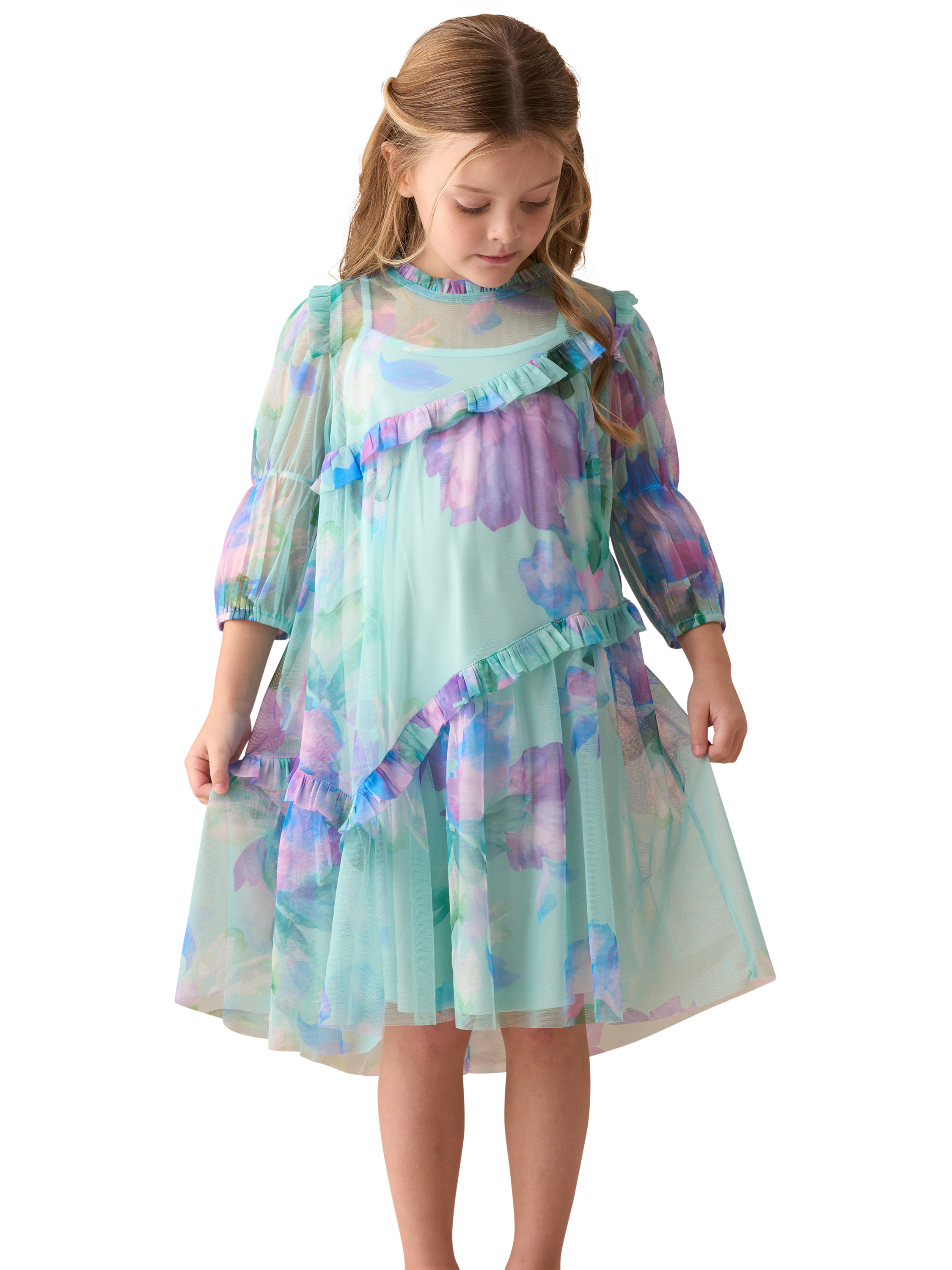 Product image 3 of 8, which shows Angel & Rocket Kids' Asymmetric Frill Dress, Blue, 3 years