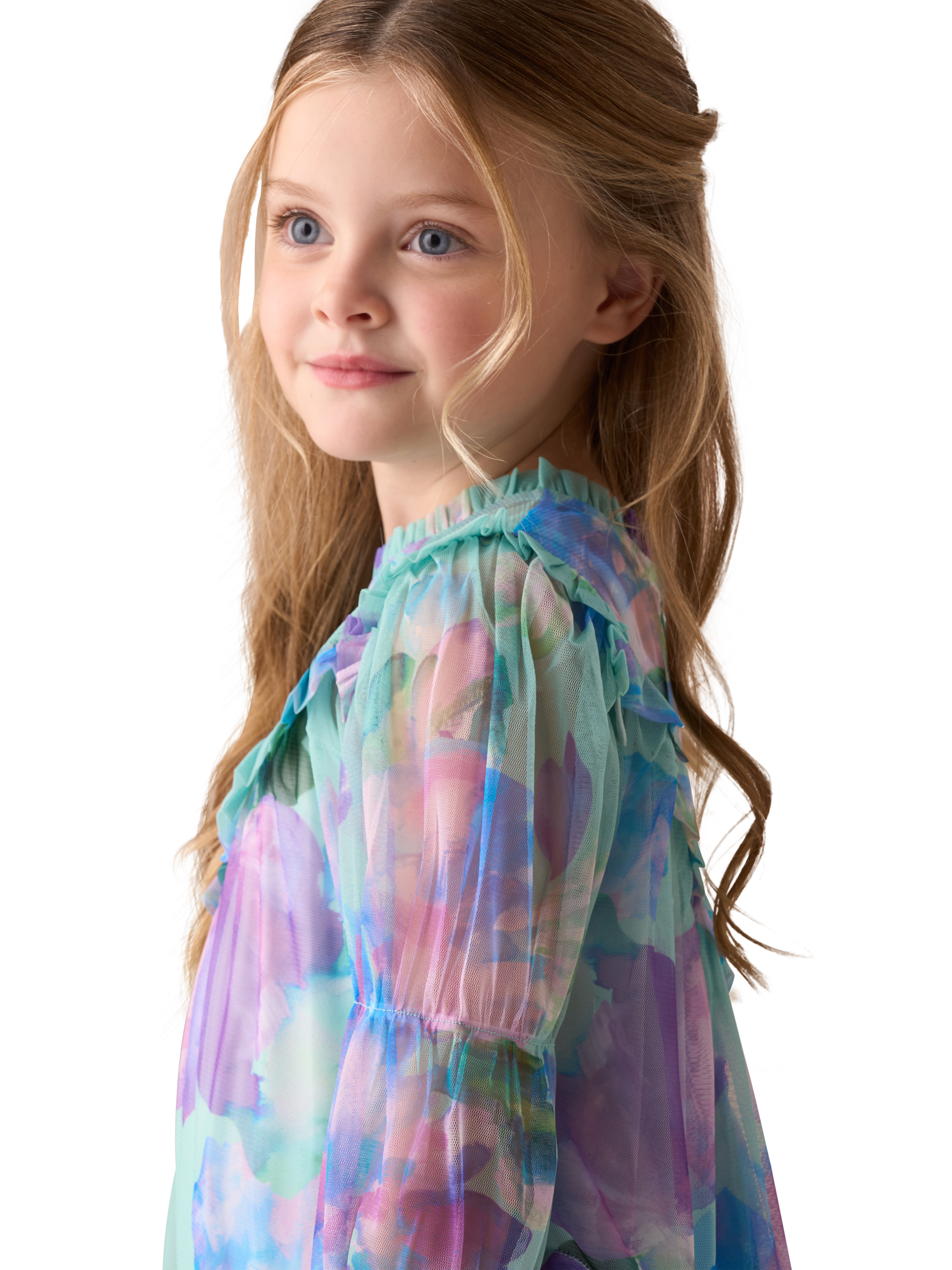 Product image 4 of 8, which shows Angel & Rocket Kids' Asymmetric Frill Dress, Blue, 3 years