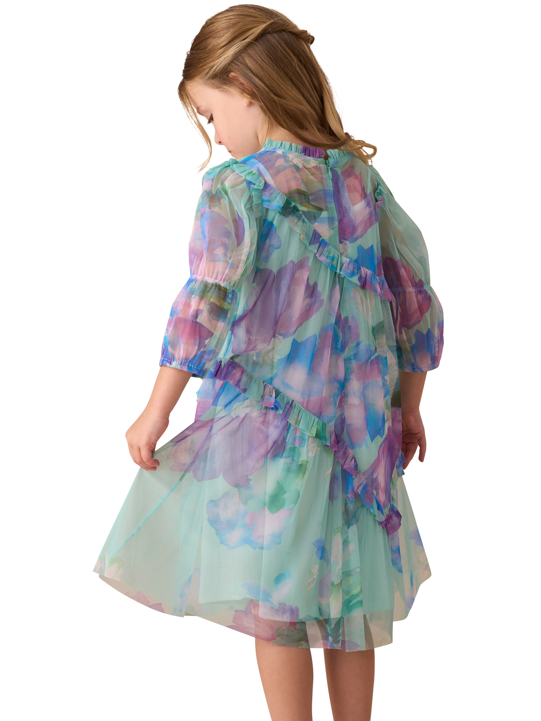 Product image 5 of 8, which shows Angel & Rocket Kids' Asymmetric Frill Dress, Blue, 3 years