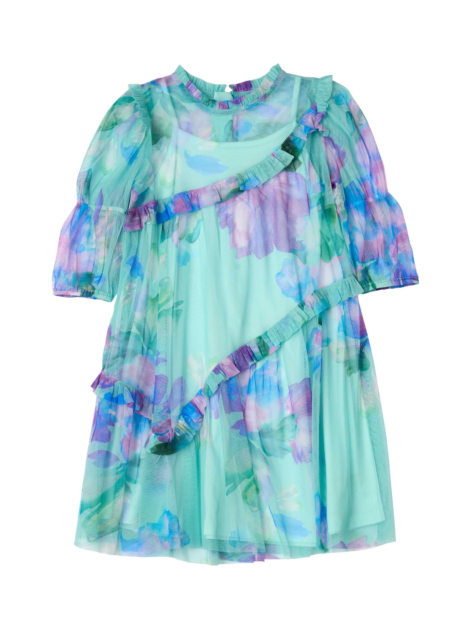 Product image 7 of 8, which shows Angel & Rocket Kids' Asymmetric Frill Dress, Blue, 3 years