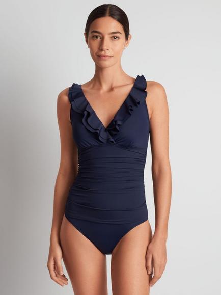 Lauren Ralph Lauren Ruffle Neck Swimsuit - view 2, Dark Navy